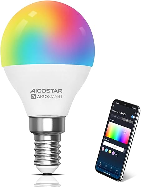 Aigostar Lâmpada inteligente, lâmpada Wifi G45 E14 6,5 W, lâmpada LED inteligente RGBCW Compatível com Alexa/Google Home, Não é Necessário Concentrador Controlo Remoto