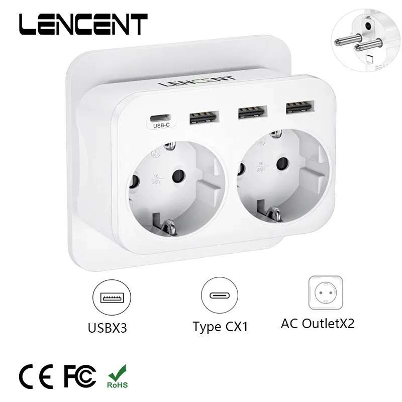 Leneen-EU Wall Socket Extender, Adaptador de Carregador de Energia, Proteção contra Sobrecarga para Casa e Escritório, Tomadas 2AC, 3 USB e 1 Tipo, 5V, 2.4A