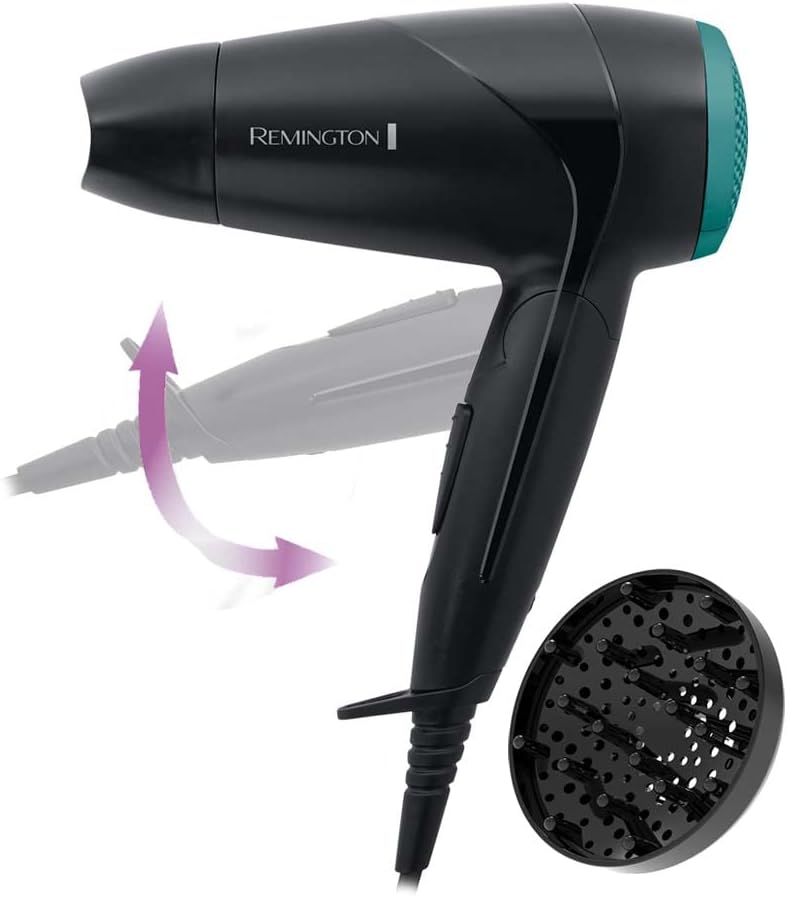 Remington Secador de Cabelo Compacto Pequeno, Secador de Viagem, Dobrável, 2000 W, Concentrado, Difusor Compacto, 3 Temperaturas, 2 Velocidades, Grade Traseira Removível, Gancho Para Pendurar