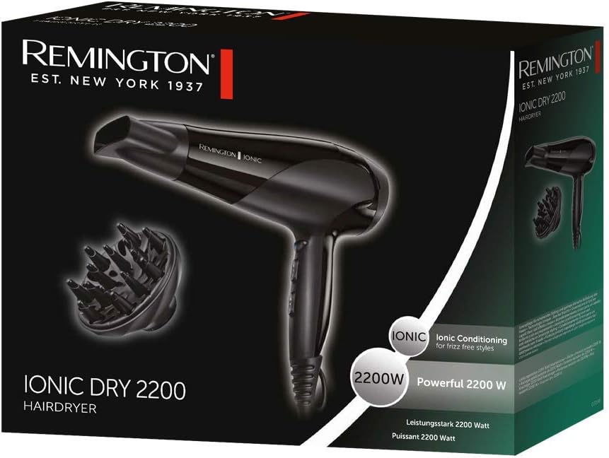 Remington Secador de Cabelo Ionic Dry 2200, íóNico, Cabelo Sem Crespamento, 2200 W, Concentrador E Difusor De 3 Temperaturas, 2 Velocidades, Grade Traseira Removível