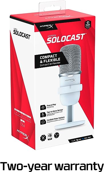 HyperX SoloCast Microfone de Condensador USB para PC, PS5, PS4 e Mac, Sensor de Silêncio com um Toque, Padrão Polar Cardioide, Jogos, Streaming, Podcasts, Twitch, Youtube, Discord