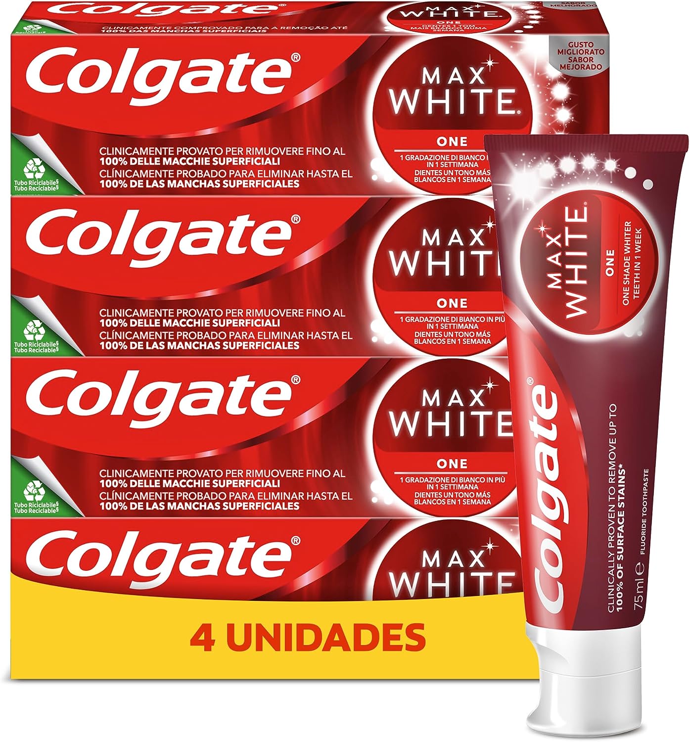 Colgate Max White One, pasta de Dentes Branqueada, Dentes 1 tom mais Brancos em 1 semana, pack 4 Unidades x 75 ml