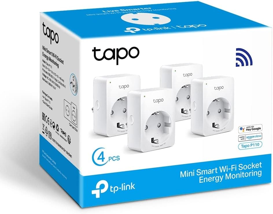 TP-Link Tapo P110 (4 pacotes) Mini tomada inteligente Wi-Fi (com monitorização energética), agendar ligar / desligar, poupança de energia, compatível com Alexa e Google Home