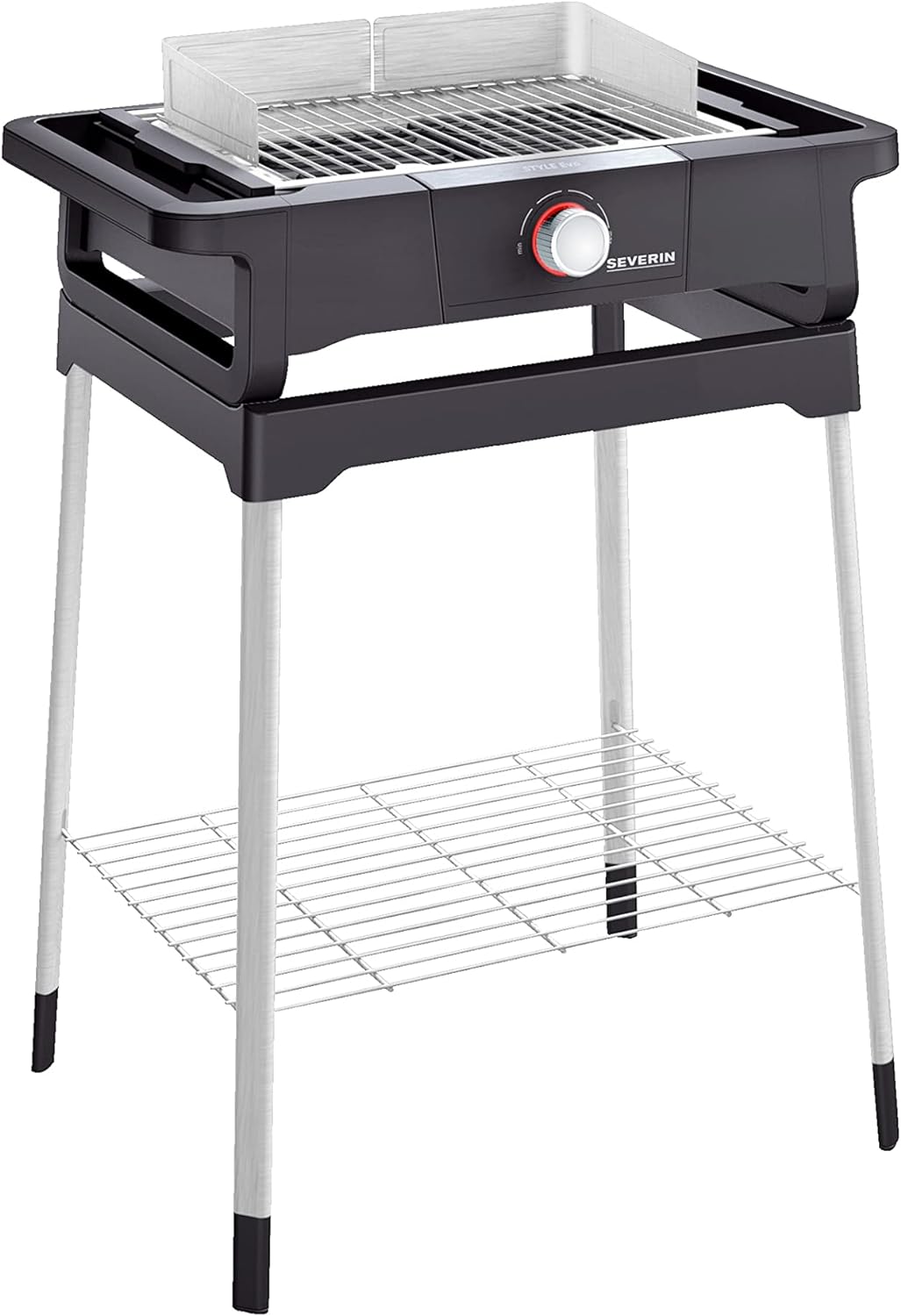 Grelhador SEVERIN de pé Style Evo S com Prateleira de Grelha, Grelha Elétrica com Arranque Rápido, Até 350 °C, Mini Churrasco com ótima Distribuição de Calor