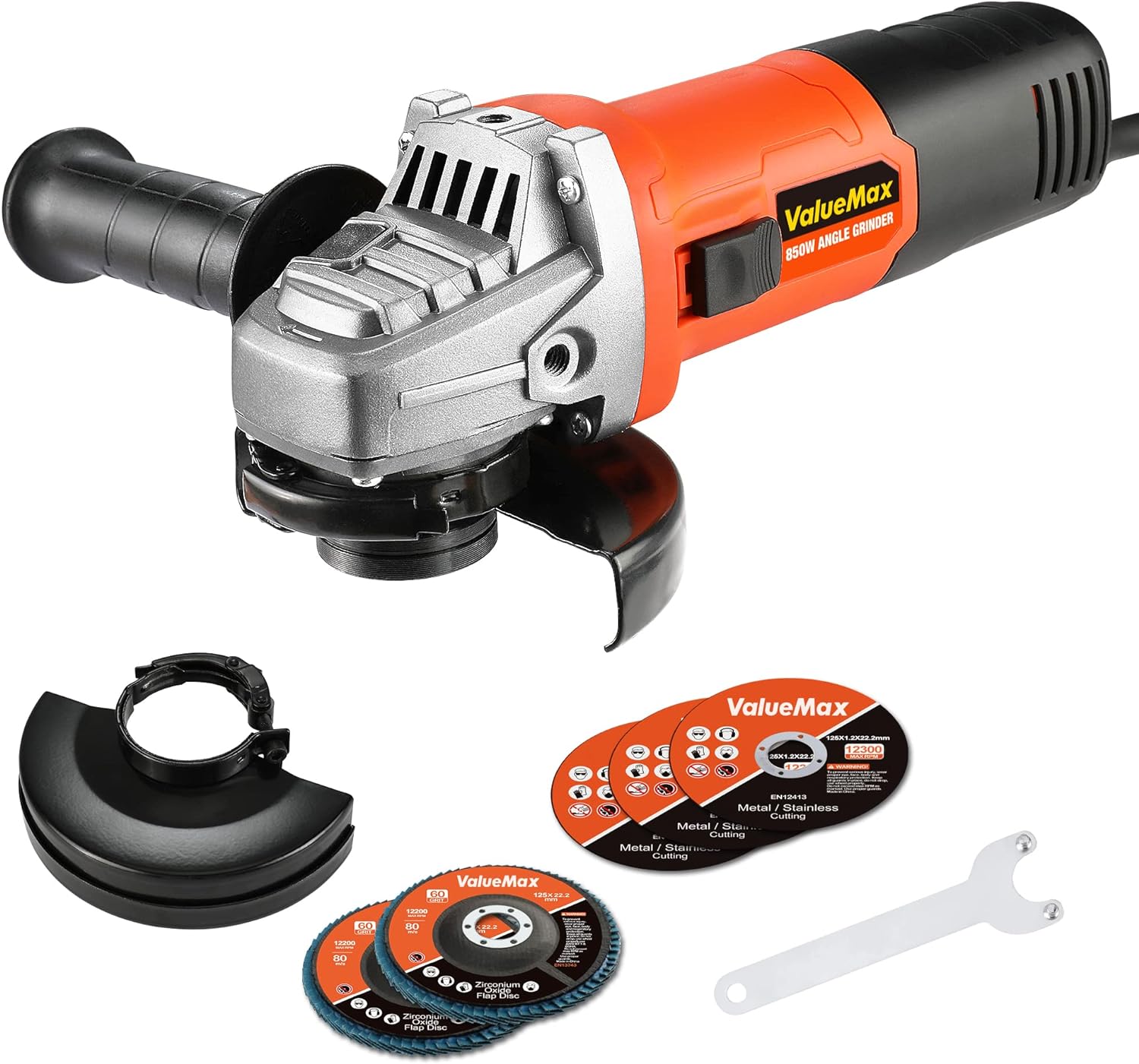 Valuemax Moedor de ângulo 820 W, Moedor Elétrico de 125 Mm, Inclui 3 Discos de Corte, 2 Discos De Lâminas, 2 Capas Protetoras, 1 Cabo, 1 Chave