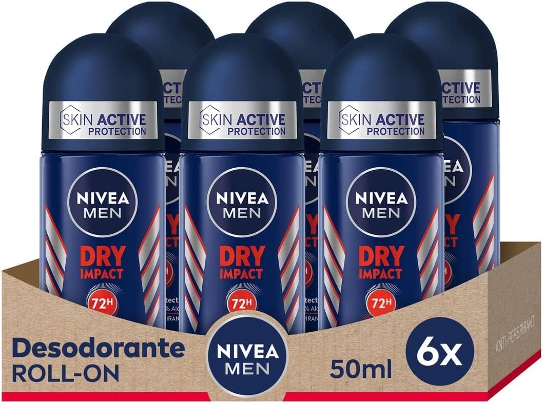 Nivea Men Dry Impact Roll-on em Embalagem de 6 (6 X 50 Ml), Desodorizante Antitranspirante com Proteção de 48H, Cuidado Masculino Testado na Vida Real