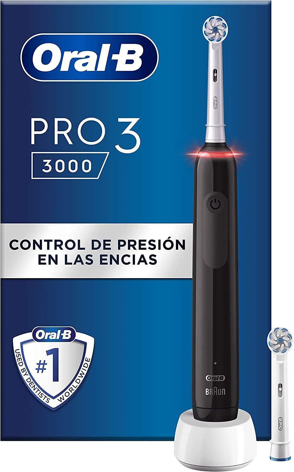 Oral-B Pro 3 3000 Escova de Dentes Elétrica com Cabo Recarregável e 2 Cabeças, Desenhada por Braun - Preto e Branco