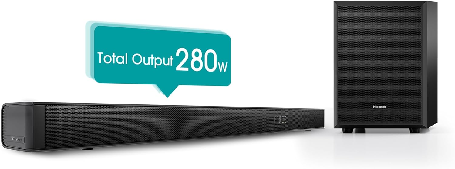 Hisense Barra de som, AX3100G com 280 W, 5 Colunas e Subwoofer 6,5, Dolby Atmos, DTS Virtual X, Bluetooth 5.0, EZ Play