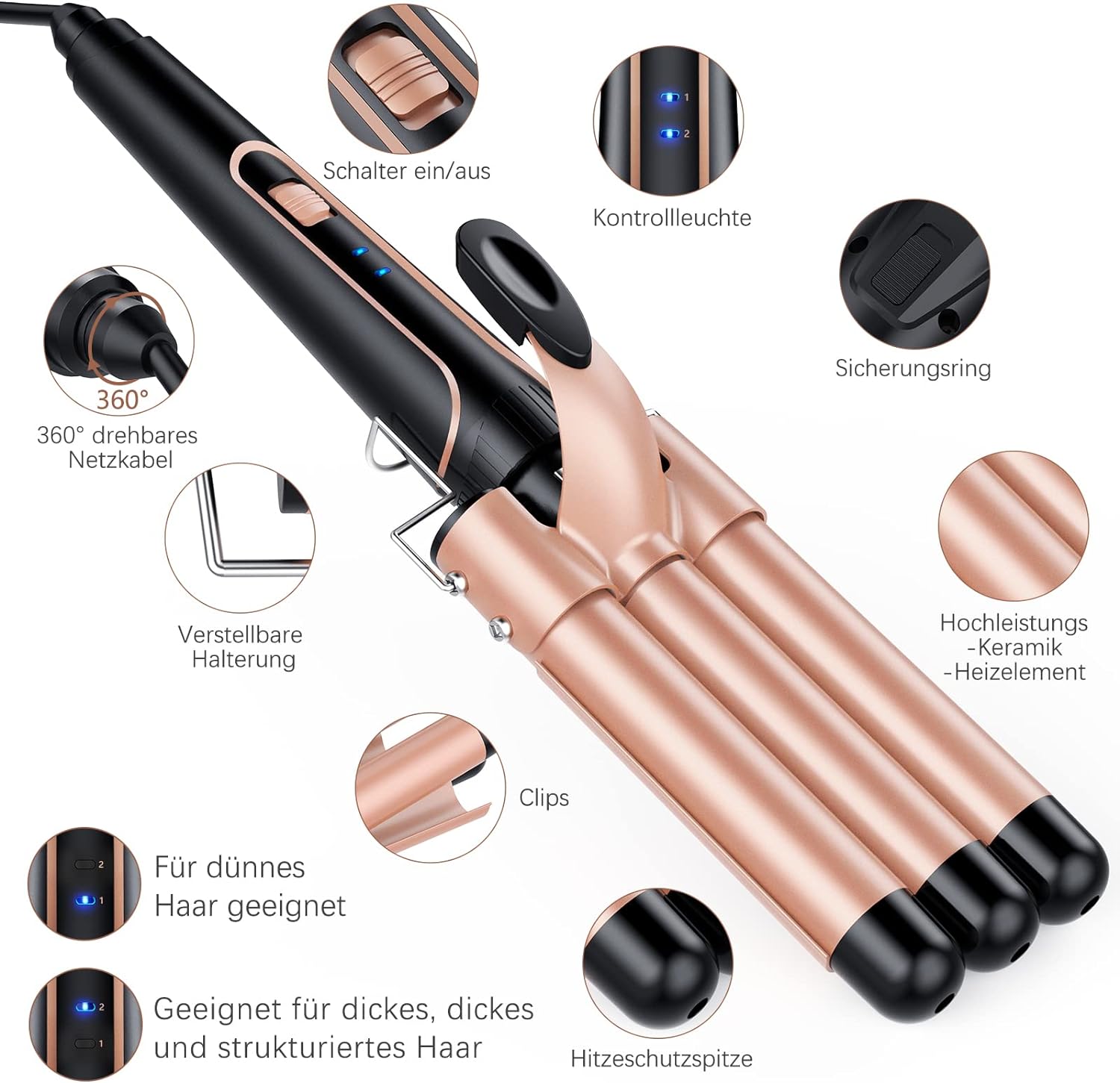 Bestope Pro MD-J18 Conjunto De Modeladores De Ferro, 3 Barris Para Caracóis Grandes, De Cerâmica, Champanhe Dourado