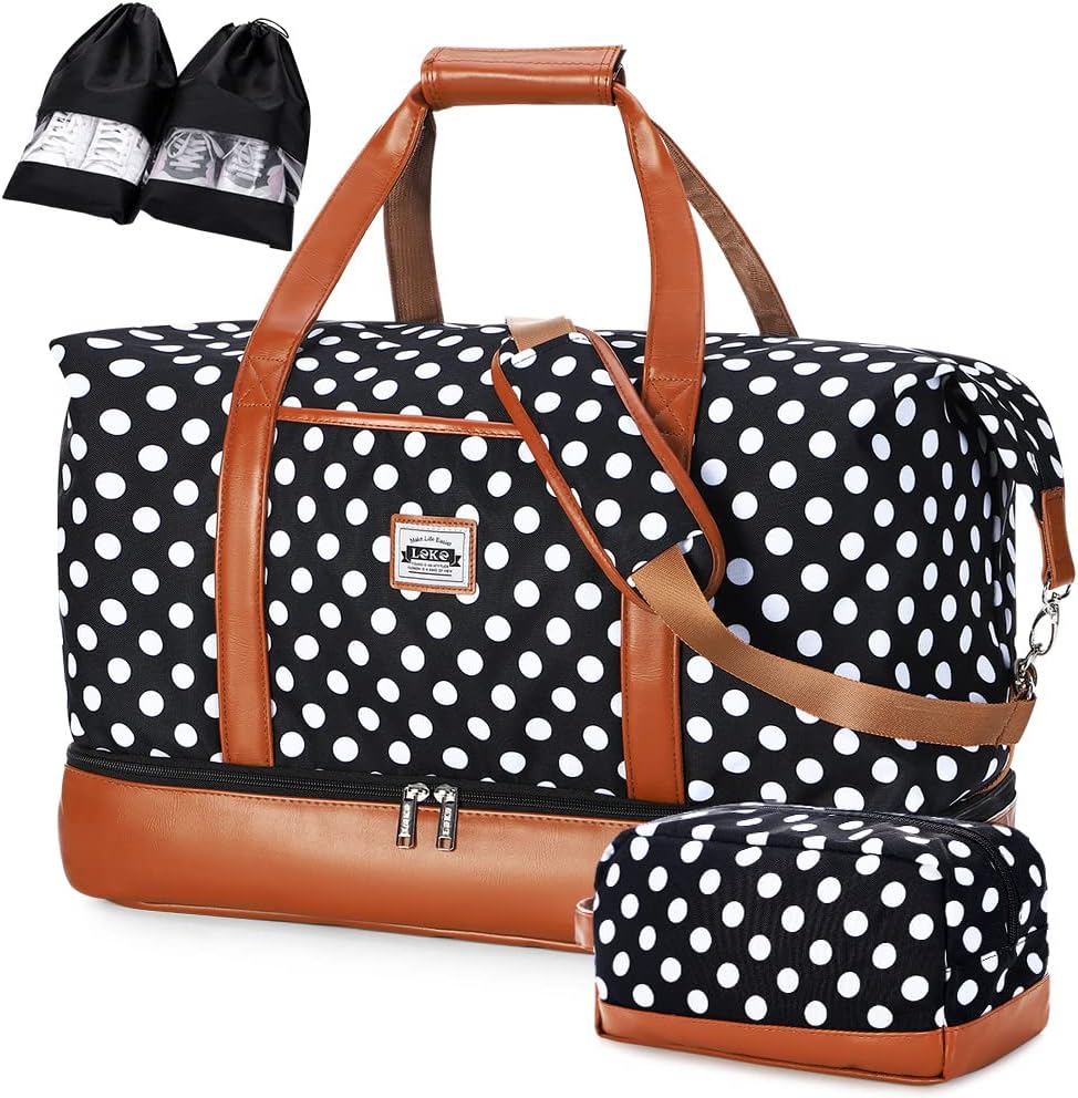 Lekespring Saco de Viagem para Mulher Weekender Bag duplo com Compartimento Impermeável separado com 1 Necessidade e 2 Bolsas para Sapatos, Bolinhas + 1 Necessidade + 2 Sacos Sapatos