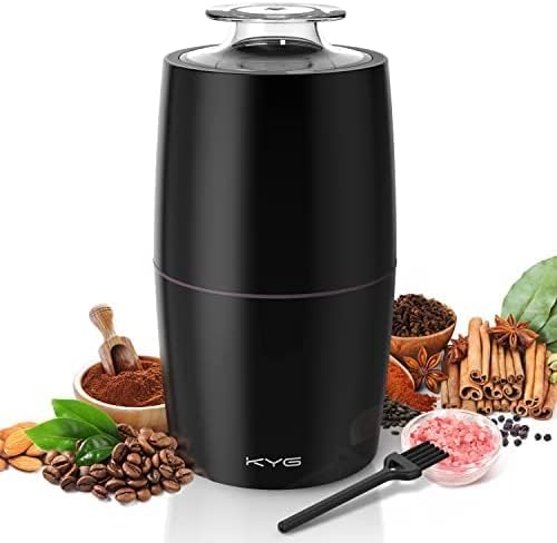 KYG Moinhos de café elétricos com lâmina de aço inoxidável, moinhos 45 dB silêncio para sementes Especiarias Frutas Secas Moinho de 300W, Capacidade de 70g com Escova para Limpeza