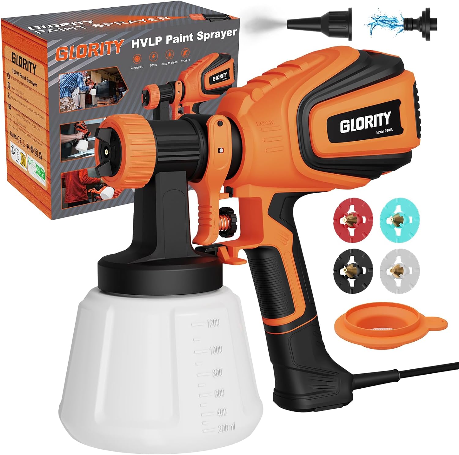 GLORITY Pistola de pintura, 700 W HVLP pulverizador de pintura elétrico, acessórios de limpeza e sopro, 4 bicos e 3 padrões, 1200 ml, 1000 ml/MIN, PS80A Orange