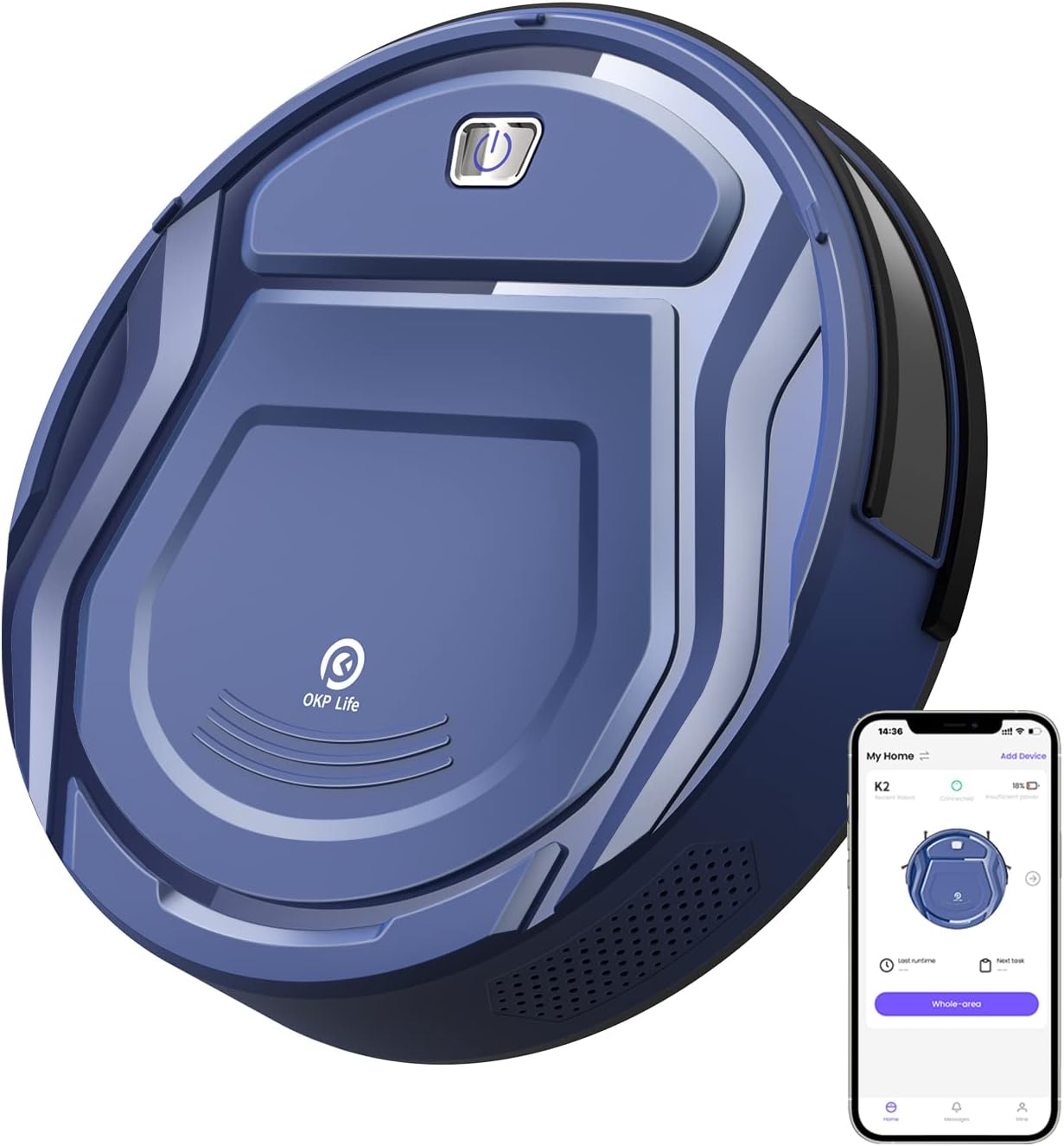 OKP K2 Robot Aspirador Sem Escova, Sucção De 2100 Pa, Super Ino E Silencioso, Automático Carregável Aspirador Robô, Compatível Com App, Alexa, Google, Ideal Para Pêlos De Animais De Estimação