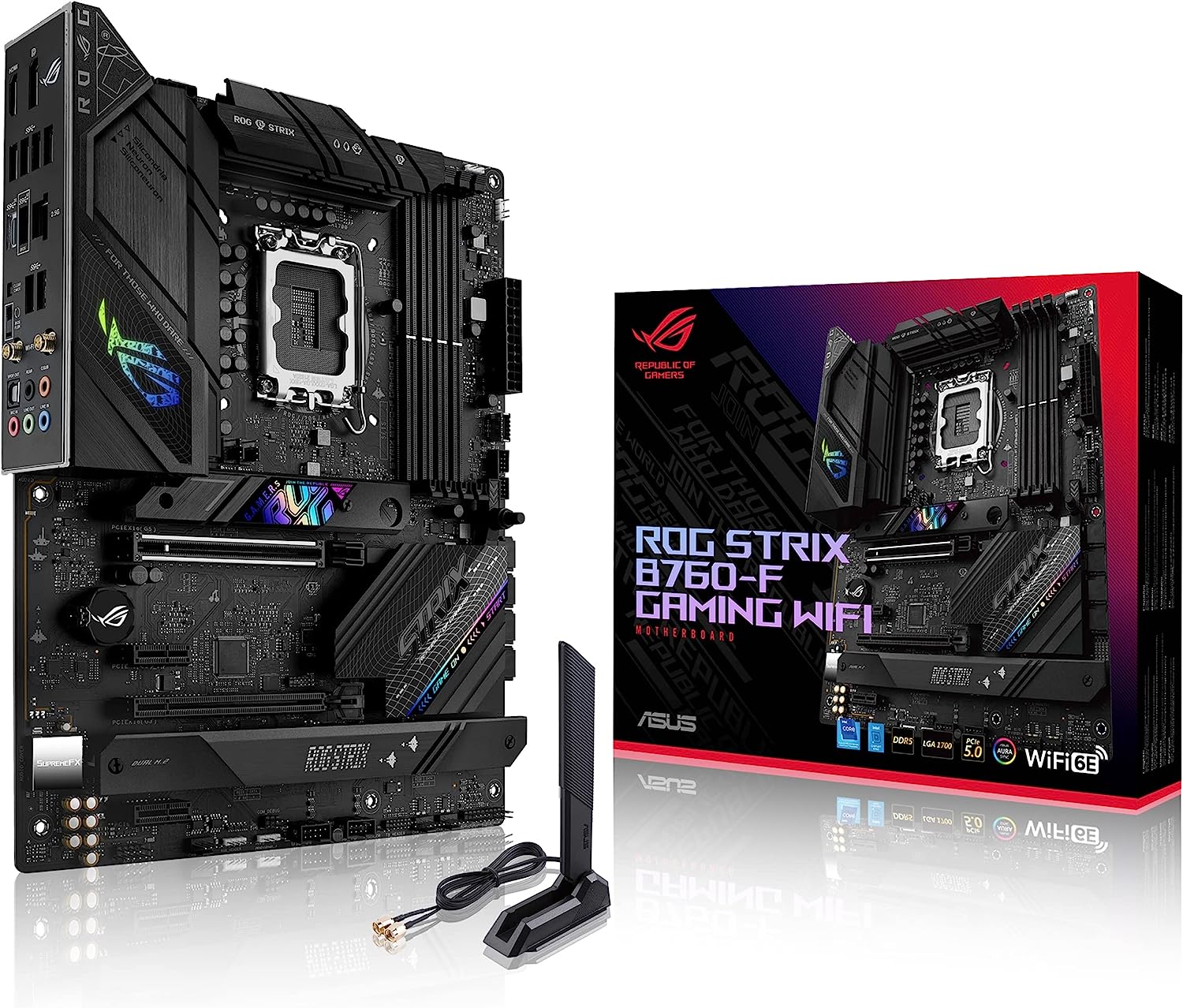 ASUS ROG Strix B760-F Gaming WiFi Placa Intel B760 (LGA 1700 ATX, 16+1 DrMOS, DDR5 até 7800 MT/s, PCIe 5.0, três ranhuras M.2, WiFi 6E, USB 3,2 gerações 2 X2 Tyy Pe-C e Aura Sync RGB)