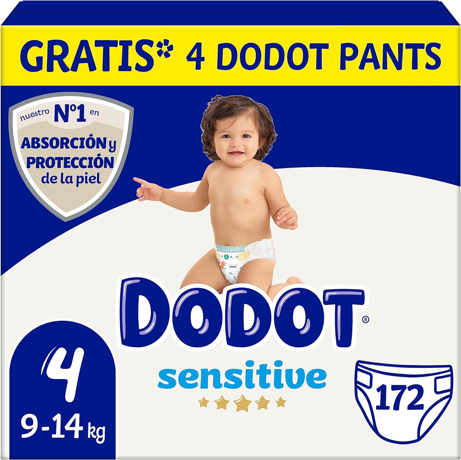 Dodot Fraldas bebé sensível tamanho 4 (9 - 14 kg), 172 fraldas + 4 calças grátis, ótima proteção da pele de Dodot, pack mensal