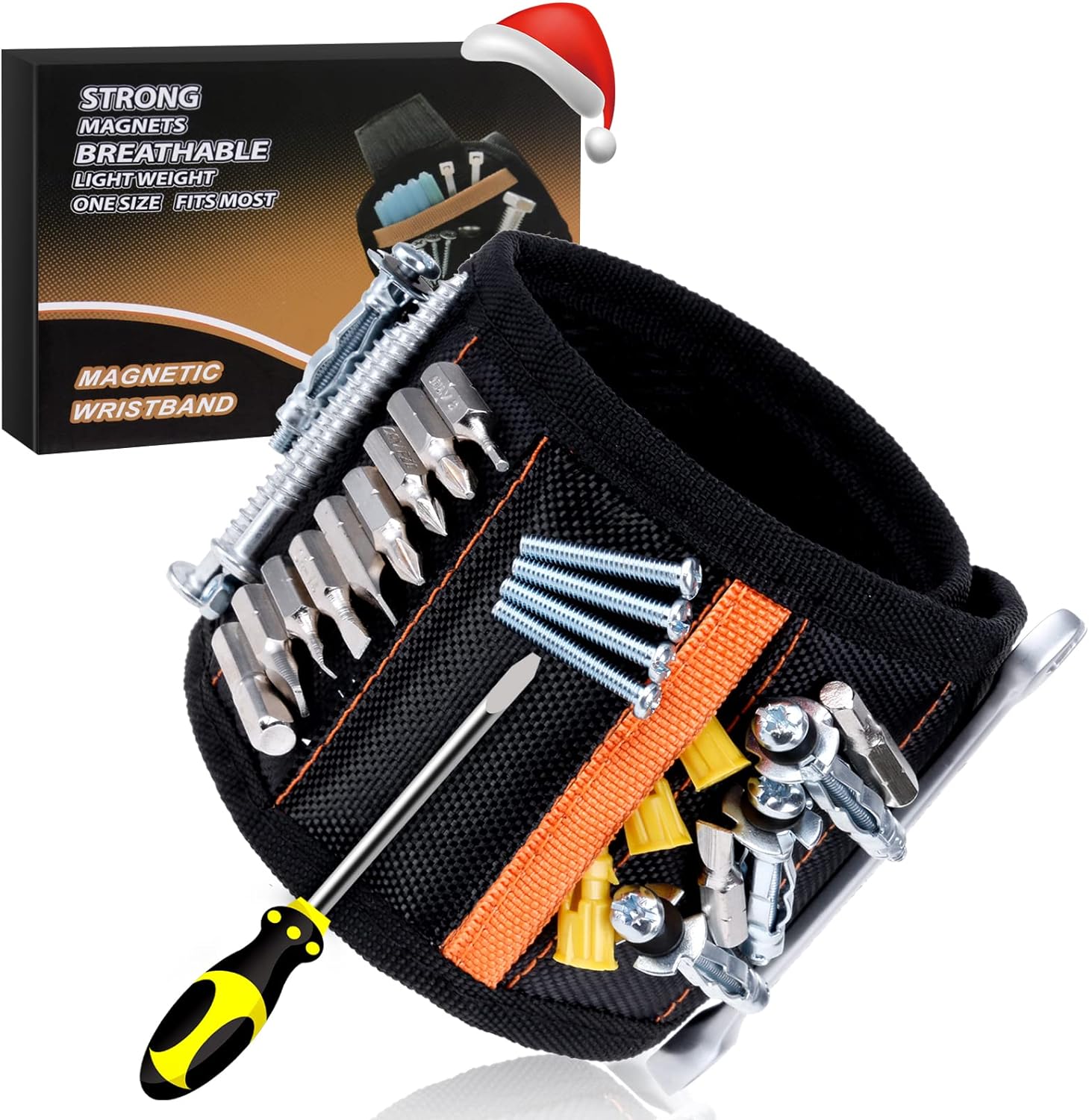 Rovtop Pulseira Magnética Ajustável Com 15 Super íMans, 2 Bolsos Pequenos, Para Economizar As Mãos, Fixa Facilmente Parafusos, Pregos, Brocas, Parafusos