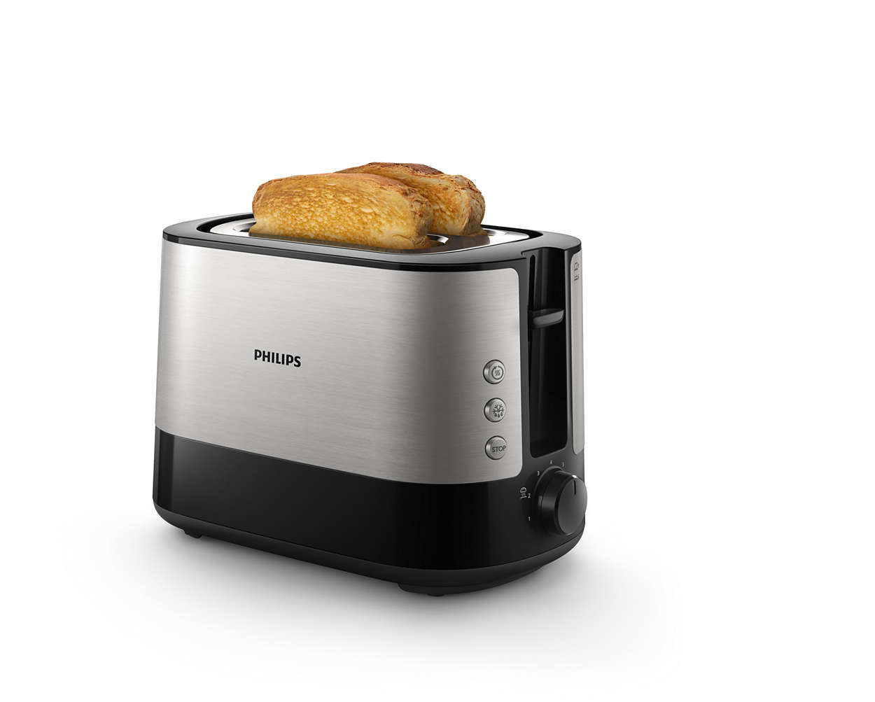 Philips Viva Collection Torradeira, 2 ranhuras extralargas, função integrada para pãezinhos, 7 intensidades, bandeja de recolha de migalhas desmontável, preto