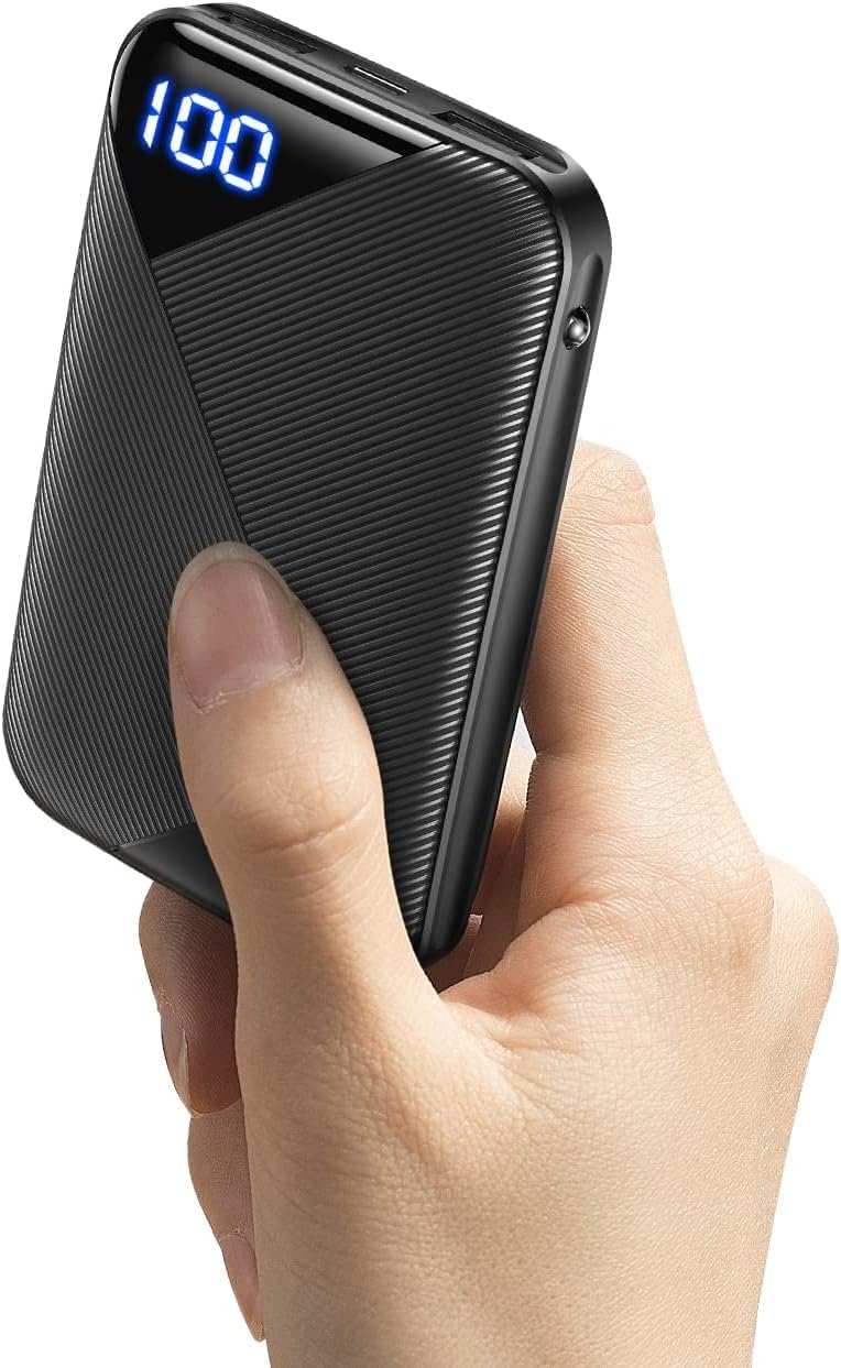 Power Bank bateria externa, compacta USB C tripla 3A de alta velocidade 10000 mAh bateria externa, ecrã LED carregador portátil com lanterna