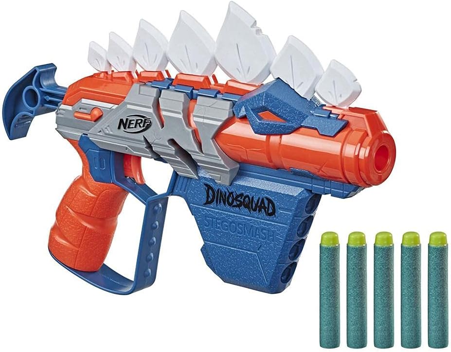 Lançador de dardos Nerf DinoSquad Stegosmash, porta-dardos para 4 dardos, 5 dardos Nerf oficiais, design de dinossauro, pontas de de estegossauro