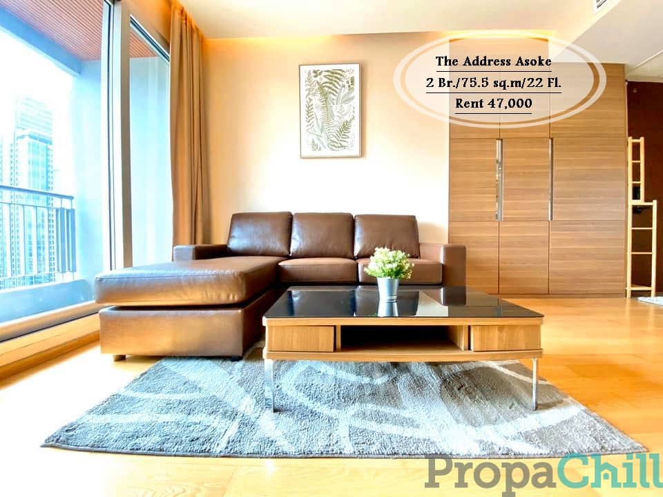 เช่า-The Address Asoke /2 นอน/ ชั้น 22/ 75.5 ตร.ม/ ใกล้ MRT เพชรบุรี /เช่า 47,000