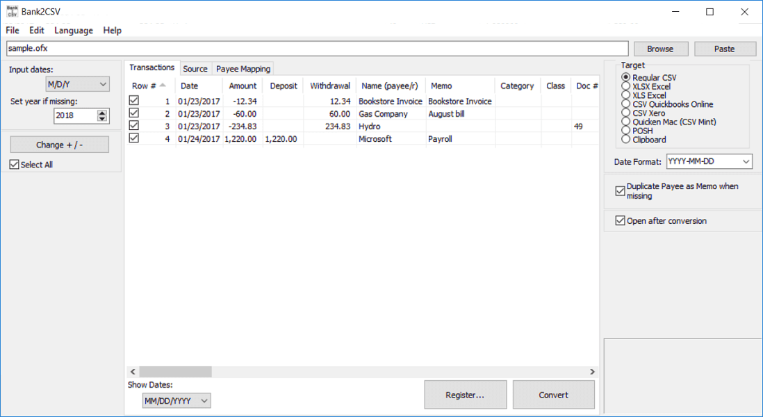 Convert QFX/OFX/QBO/QIF to CSV/Excel/PDF