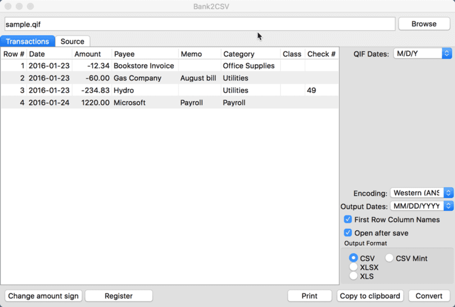 Convert QFX/OFX/QBO/QIF to CSV/Excel/PDF