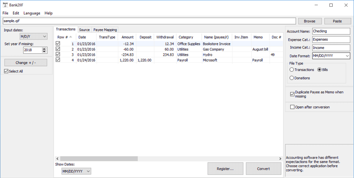 Convert QFX/OFX/QBO/QIF to IIF