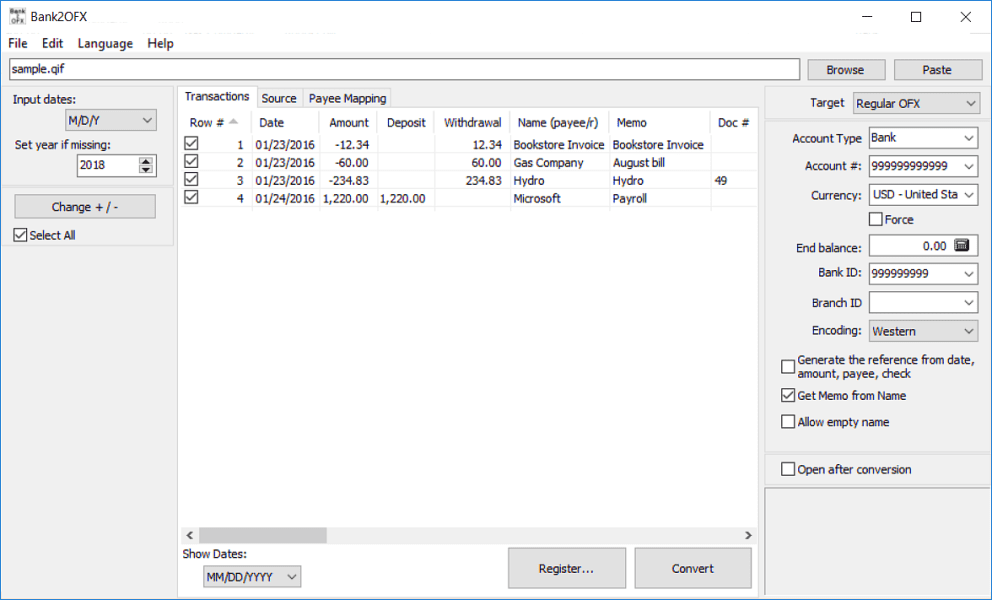 Convert QFX/OFX/QBO/QIF to OFX