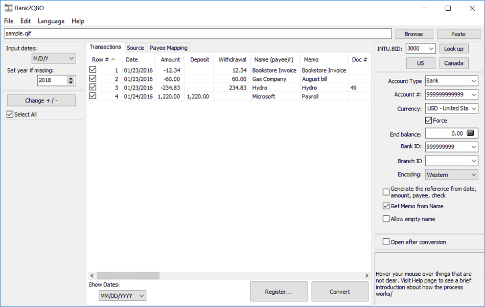 Bank2QBO screenshot Bank2QBO screenshot
