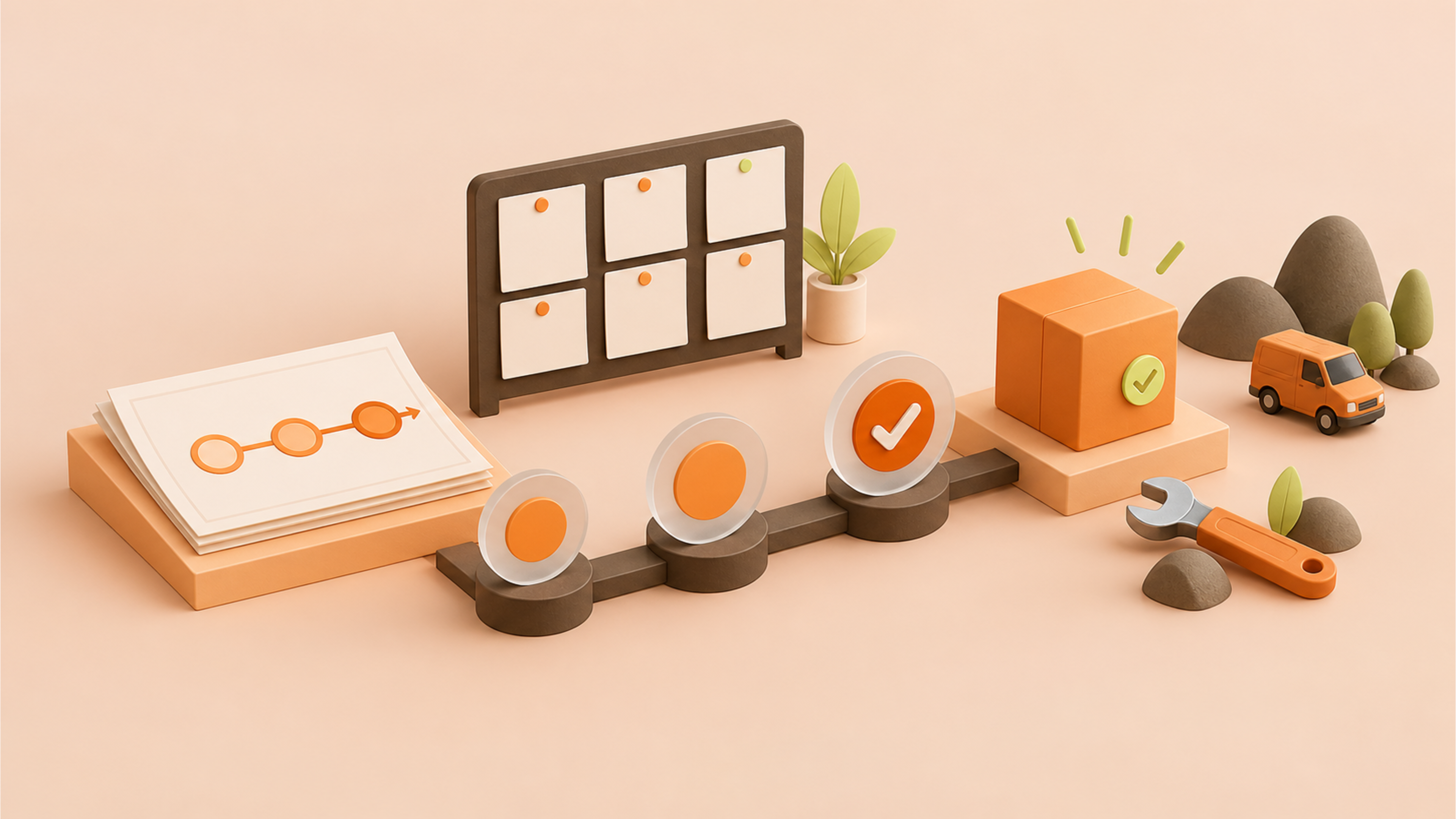 Milestones, a task board and tools illustrate planning and delivery in orange.