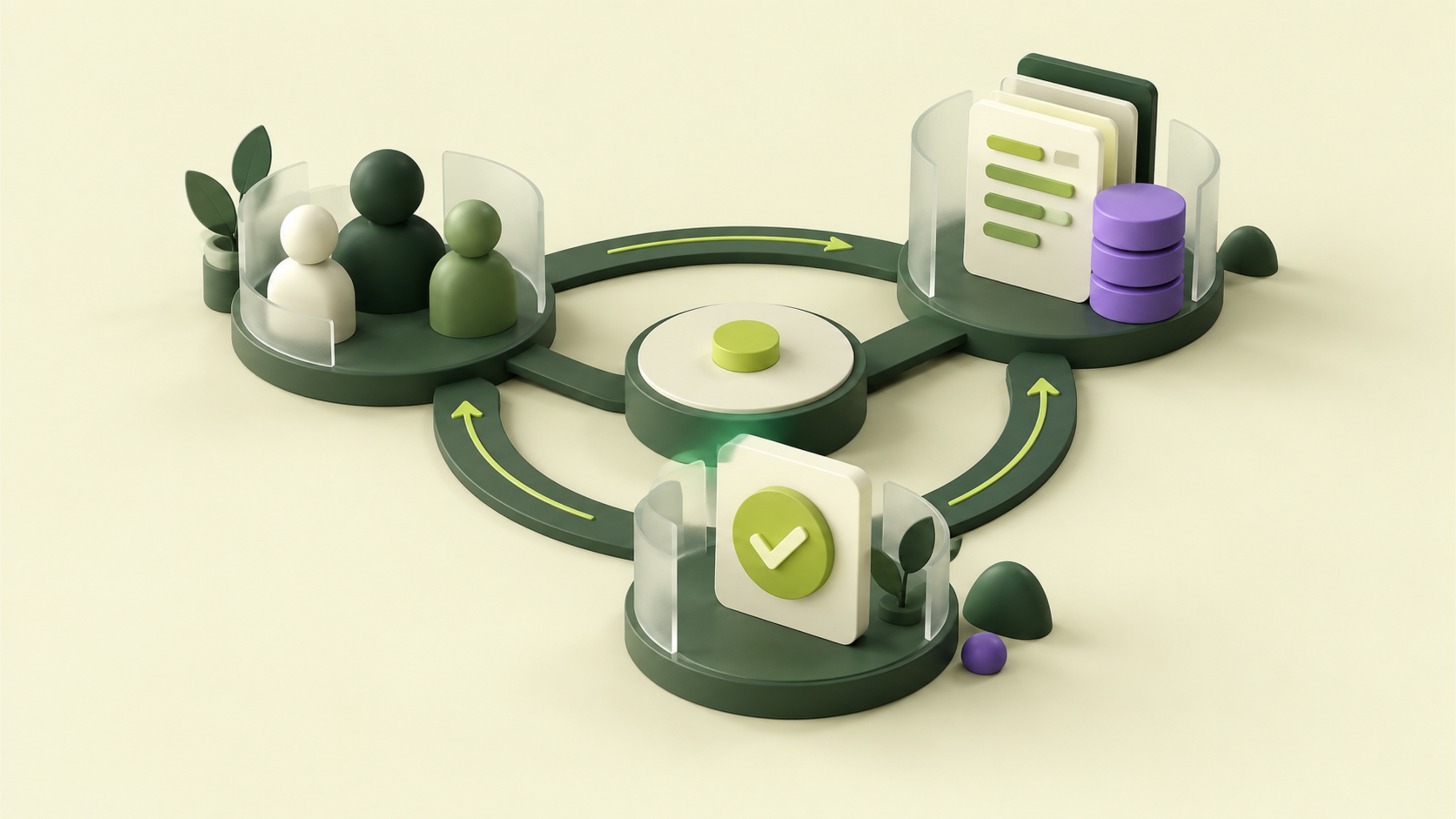 People, data and tasks connected in a workflow in cream and green.