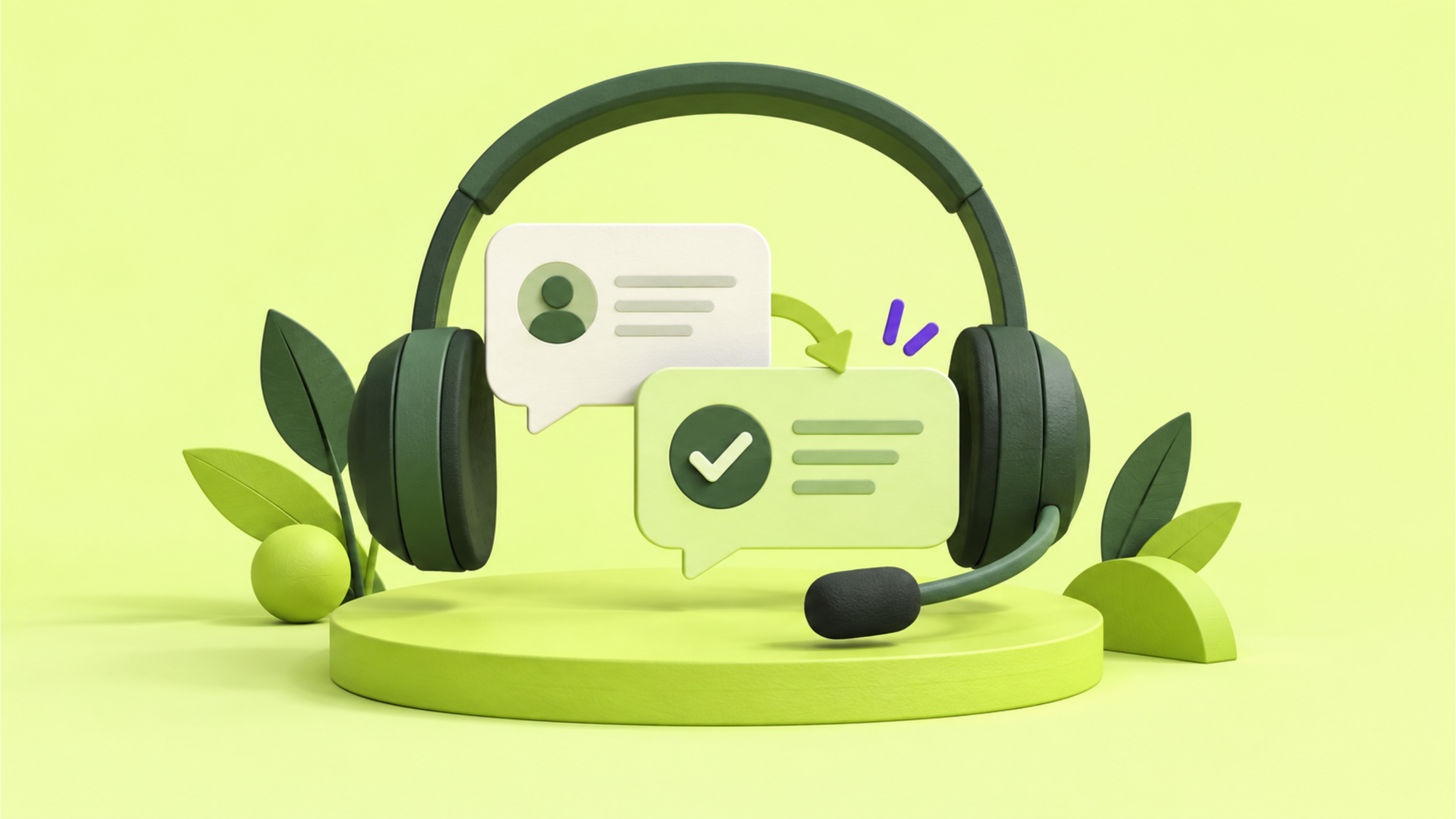A headset and chat bubbles show a resolved customer case in green.