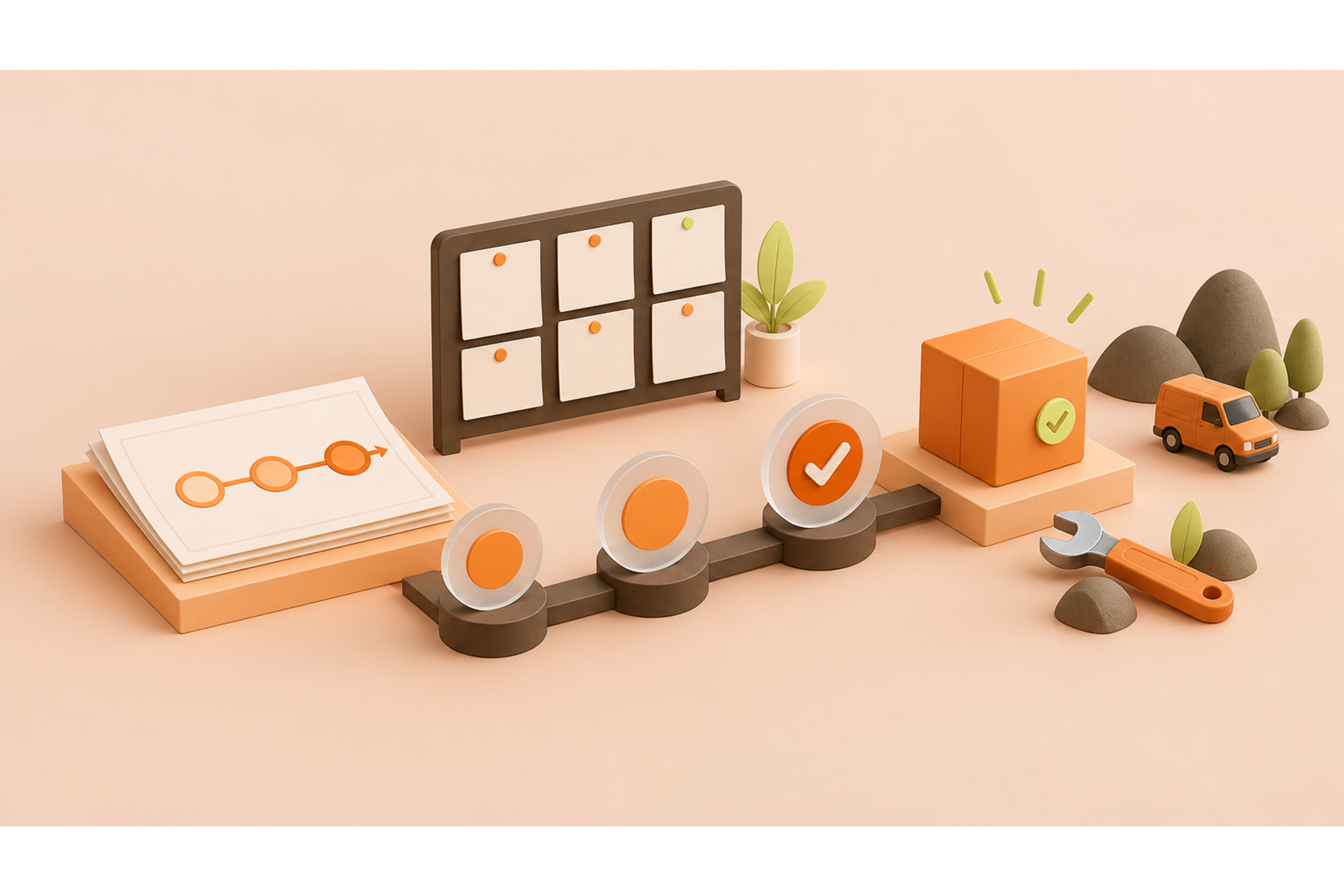 Milestones, a task board and tools illustrate planning and delivery in orange.