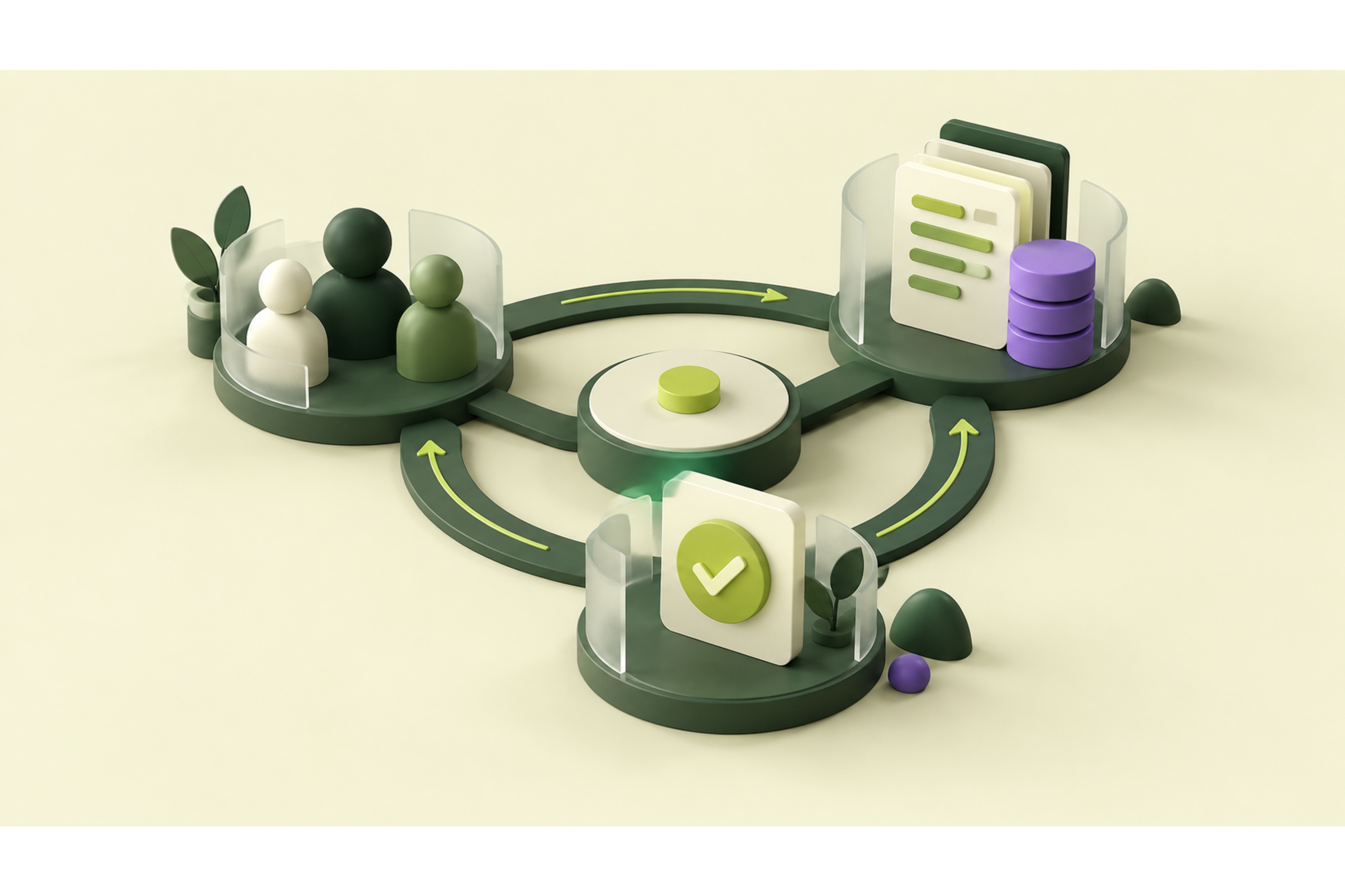 People, data and tasks connected in a workflow in cream and green.