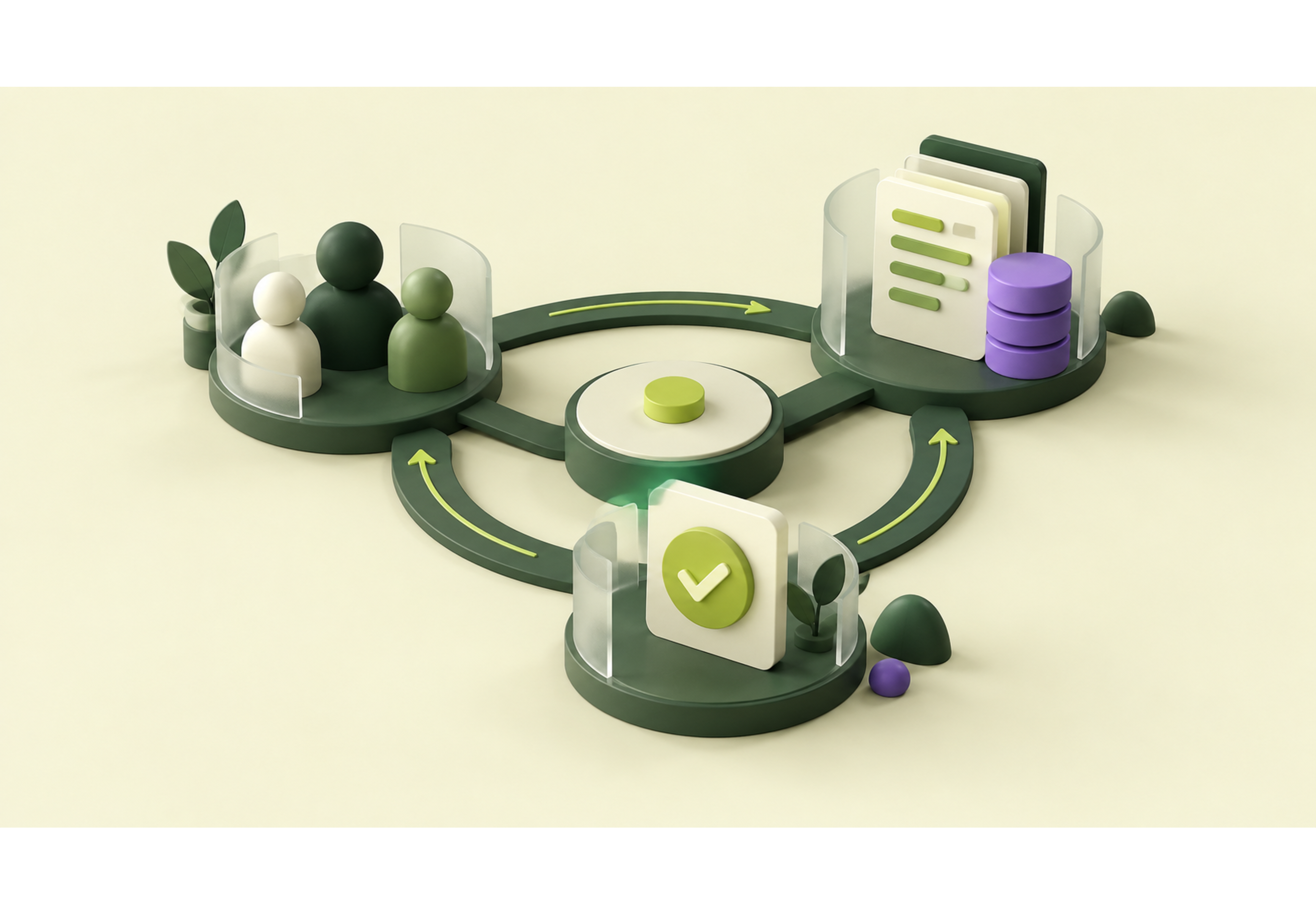 People, data and tasks connected in a workflow in cream and green.