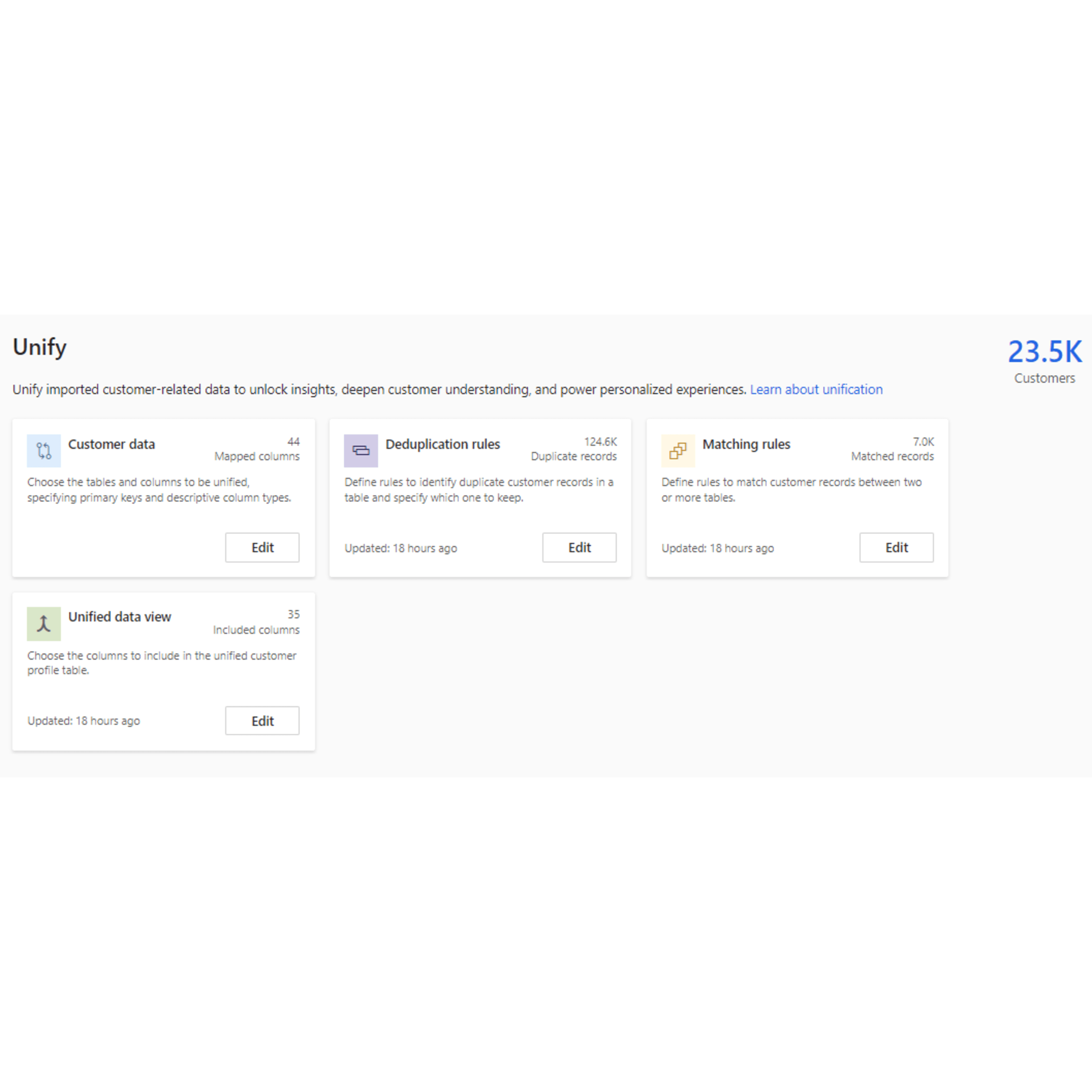 Dynamics 365 Customer Insights – Data: Unify-siden med datakobling, dubletthåndtering, matcheregler og samlet kundeoversikt.