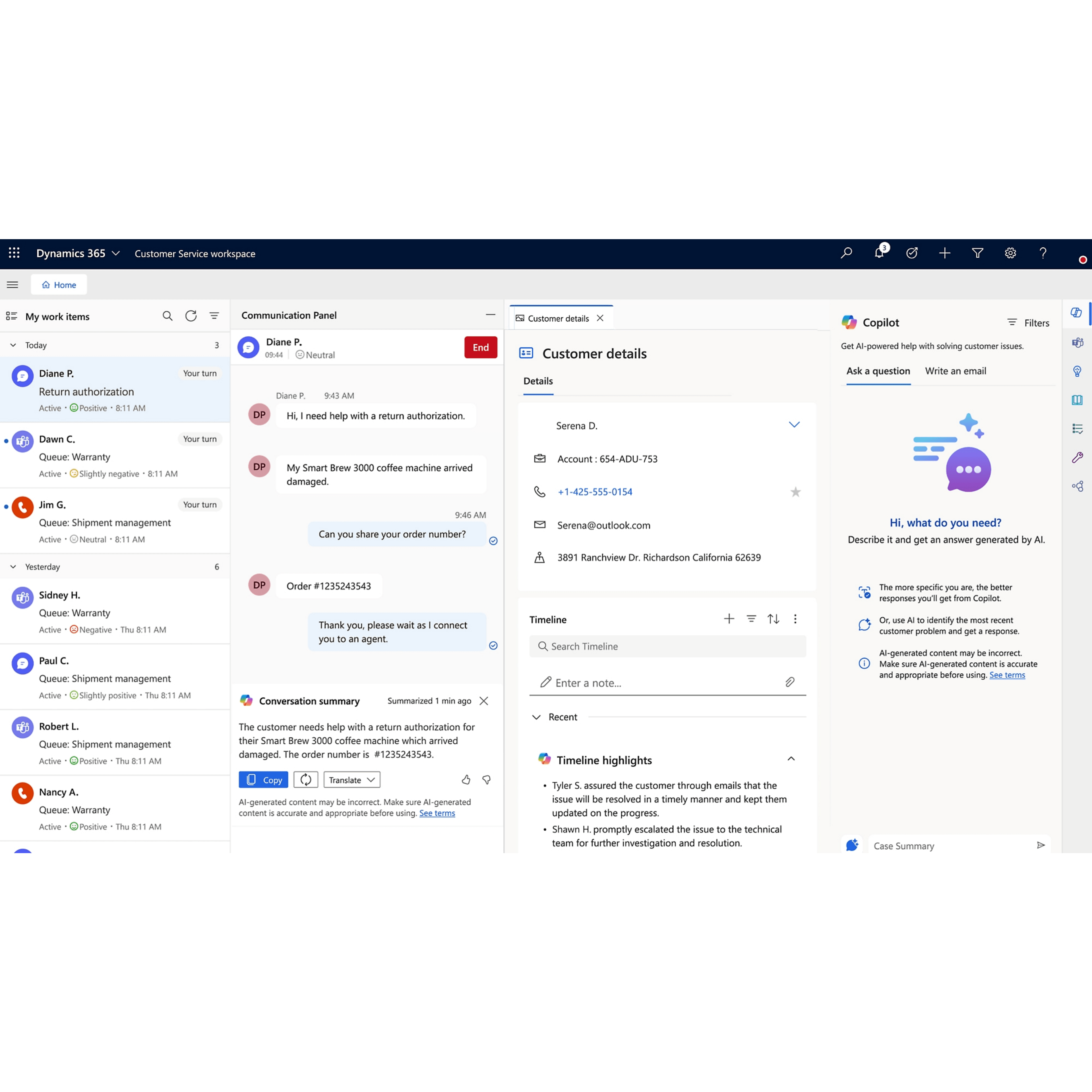 Dynamics 365 Customer Service workspace med agentens oppgaveliste, aktiv kundechat og Copilot-sidepanel.