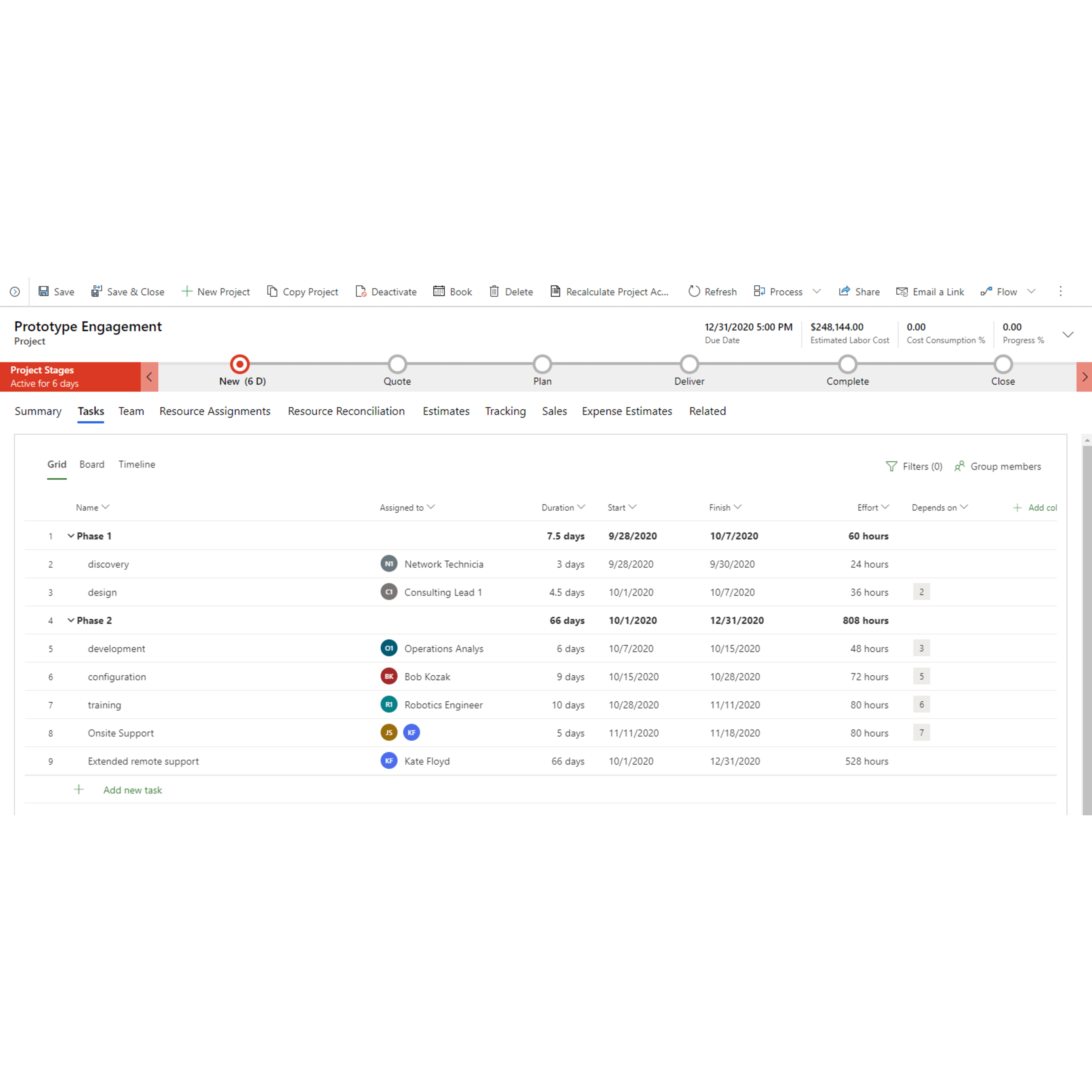 Dynamics 365 Project Operations: prosjektside med oppgaverutenett, faser, varighet, ansvarlige og timer.