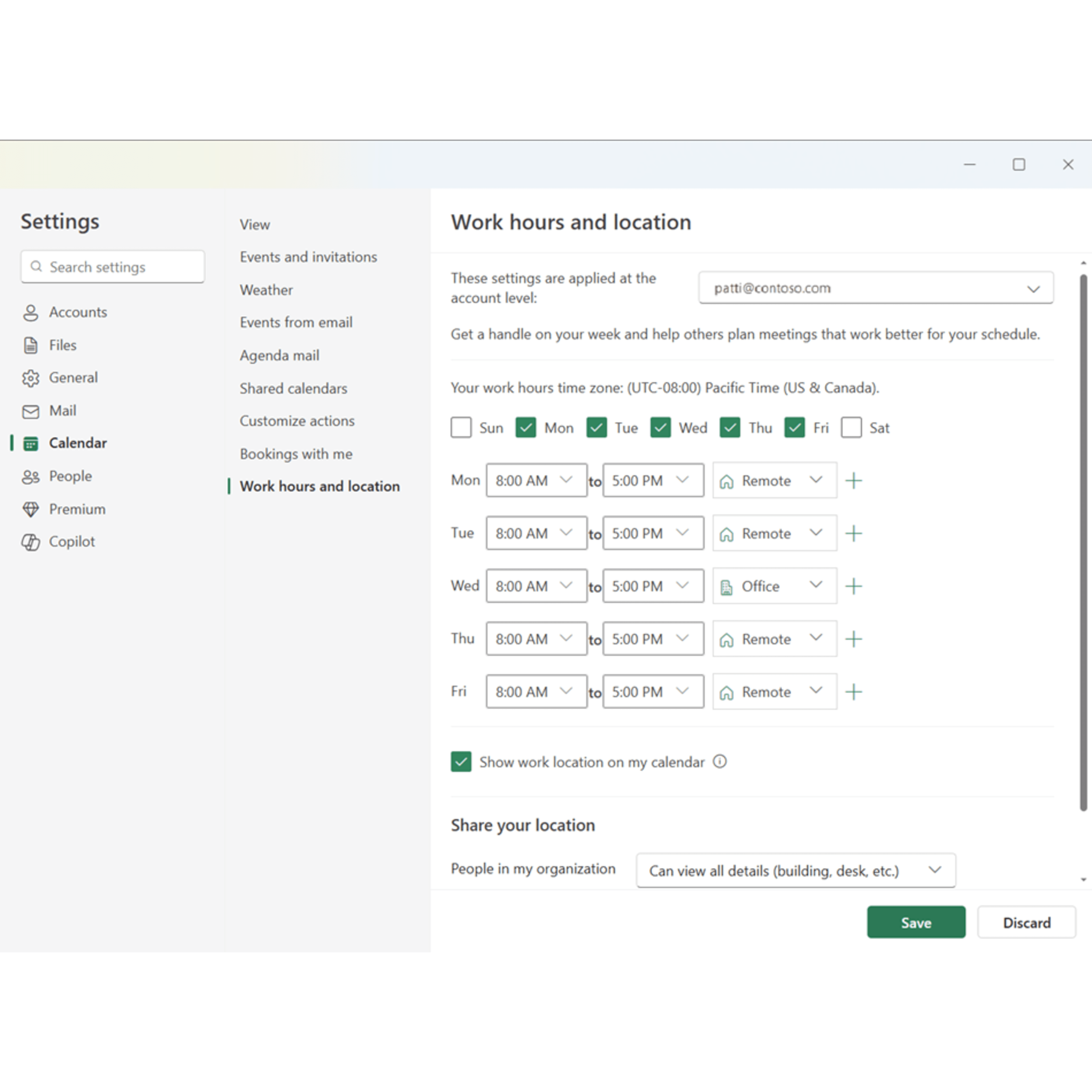 Innstillingene for arbeidstid og arbeidssted i nye Outlook for Windows.