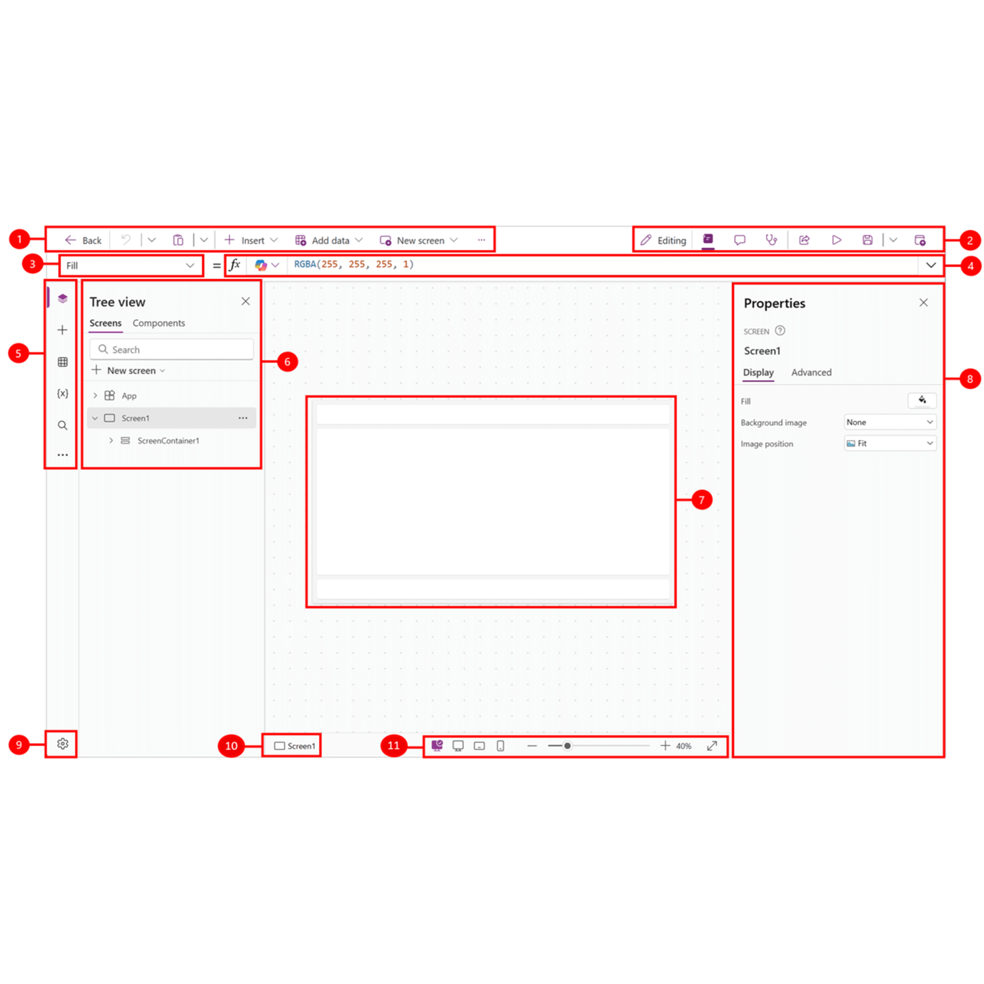 Power Apps Studio for lerretsapper med kommandolinje, egenskapsrute, formellinje og app-lerret.