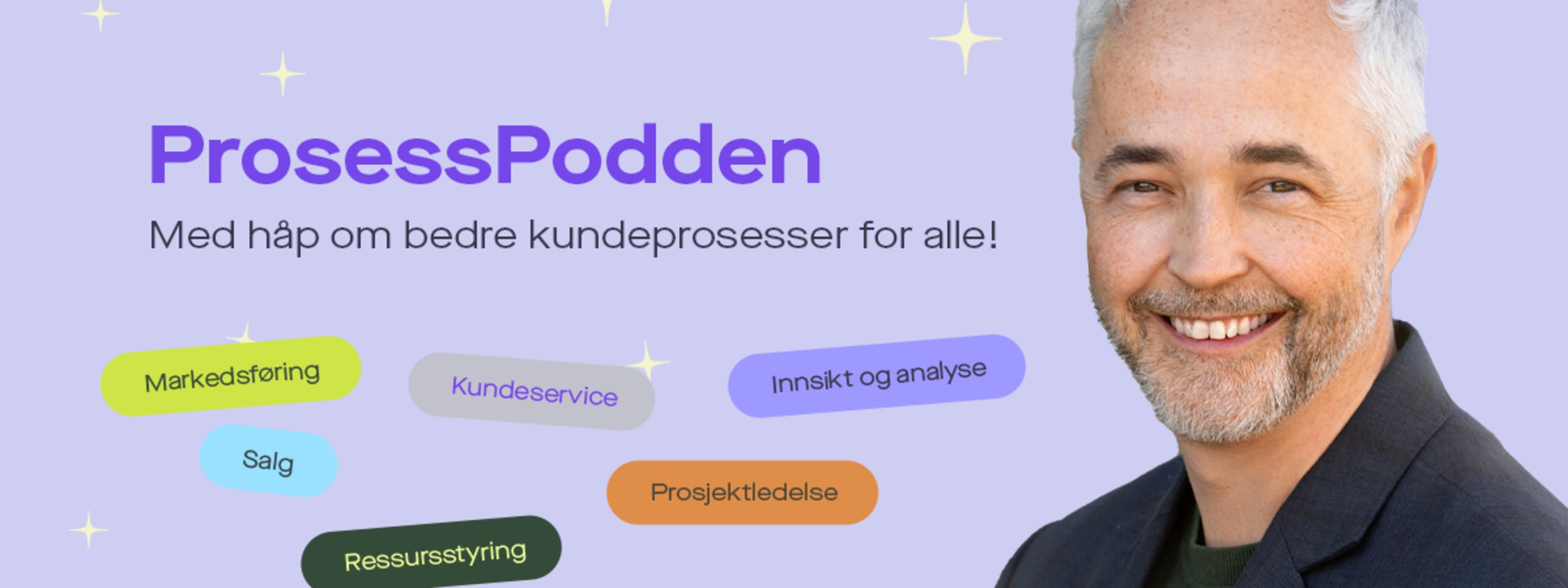 ProsessPodden-grafikk med programleder Frode Stenstrøm og temaknapper