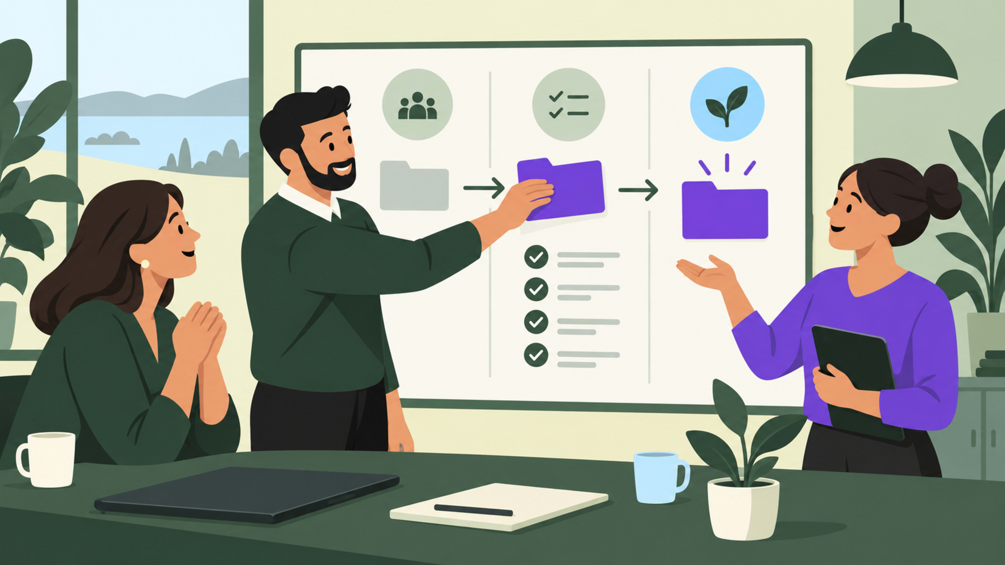 Three colleagues plan customer onboarding from agreement to first value.