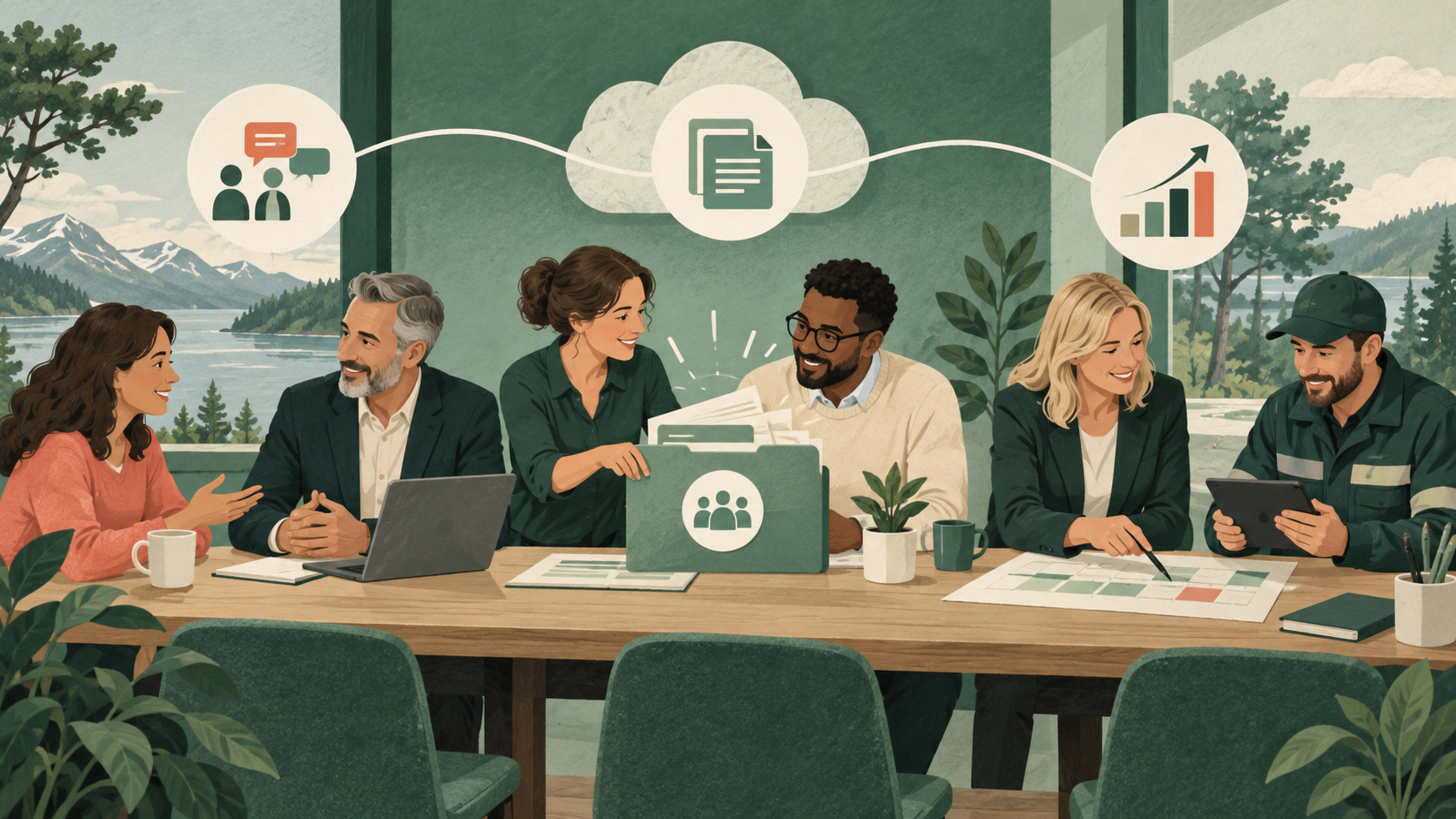 An illustration of colleagues collaborating across a customer process.