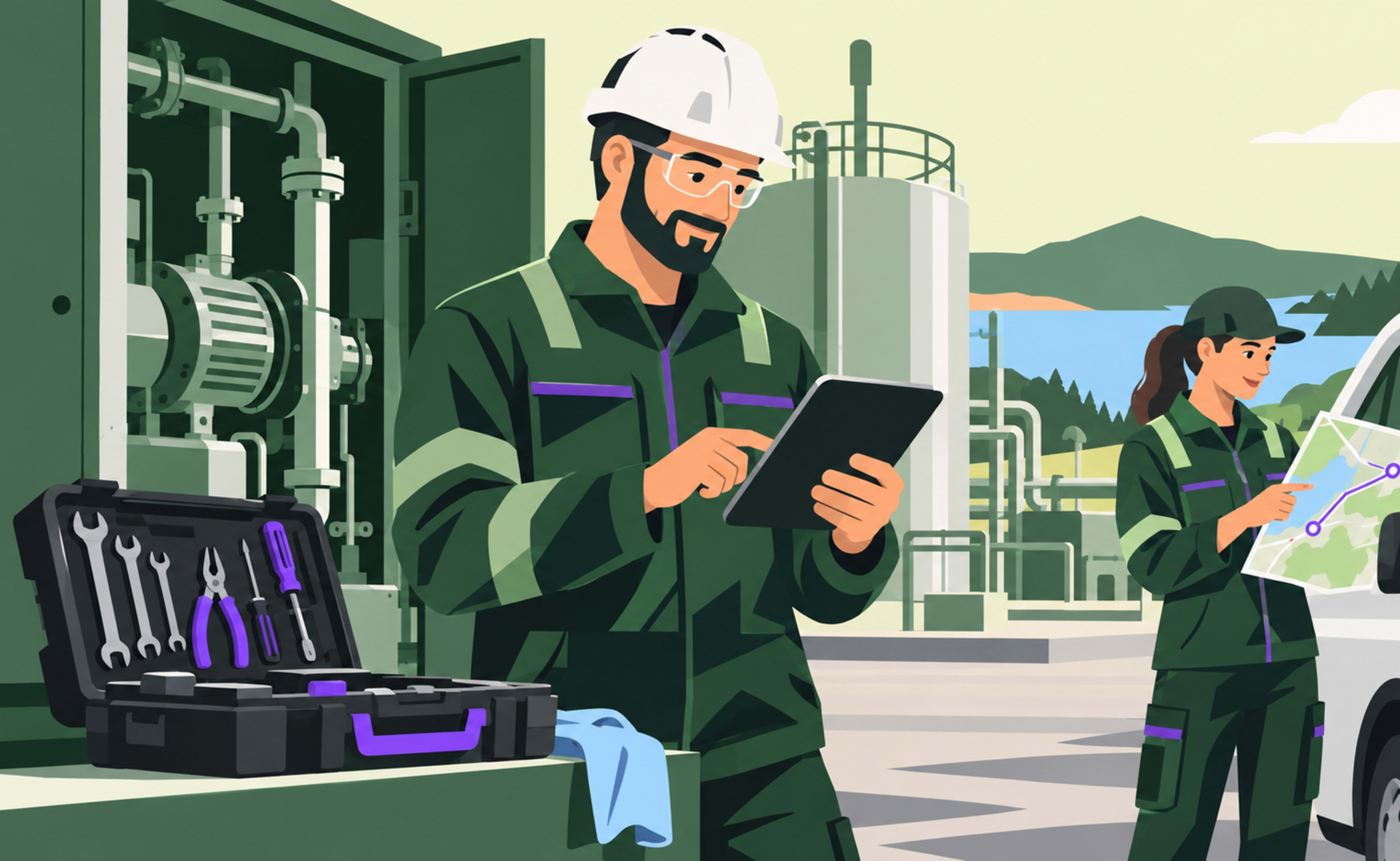 A technician checks equipment while a colleague plans the service route.
