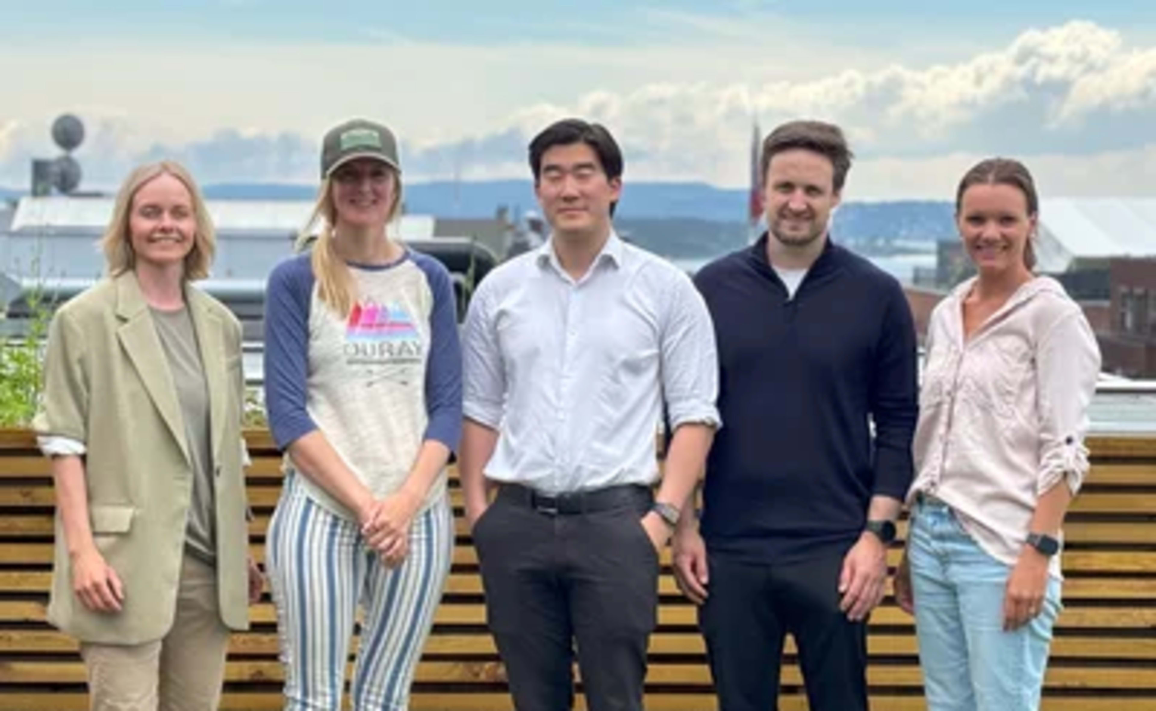 In May 2024, BUA launched a new CRM system, Microsoft Dynamics 365. Here is a happy group gathered for training, from left: Stina Onsum Berg, Vibeke Saarem, Yonsik Oh, Emil Solhøi and Ann Katrin Pettersen. Photo: Eira Egner.