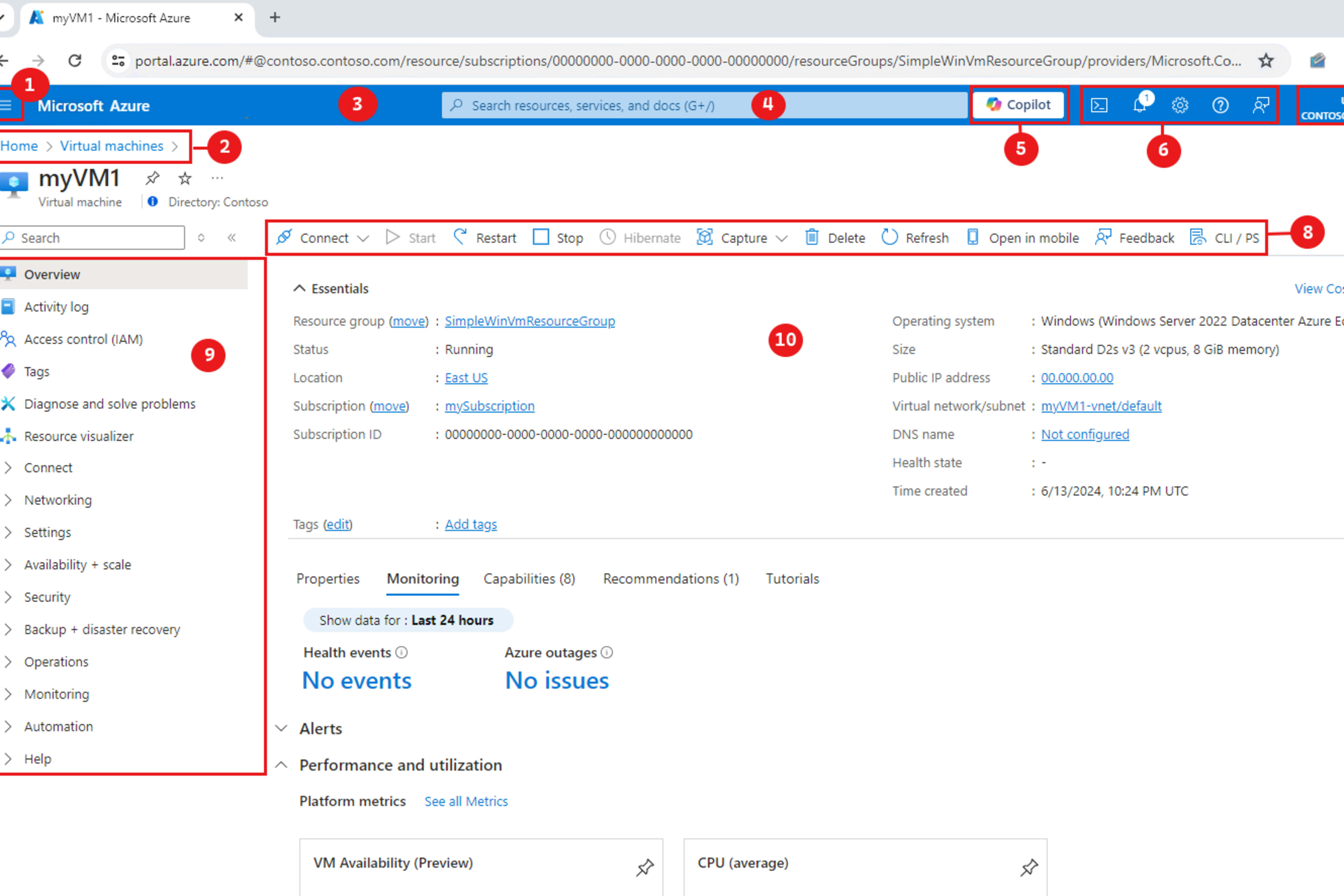 Azure-portalen med portalmeny, kommandolinje, tjenestemeny og arbeidsområde for en virtuell maskin.