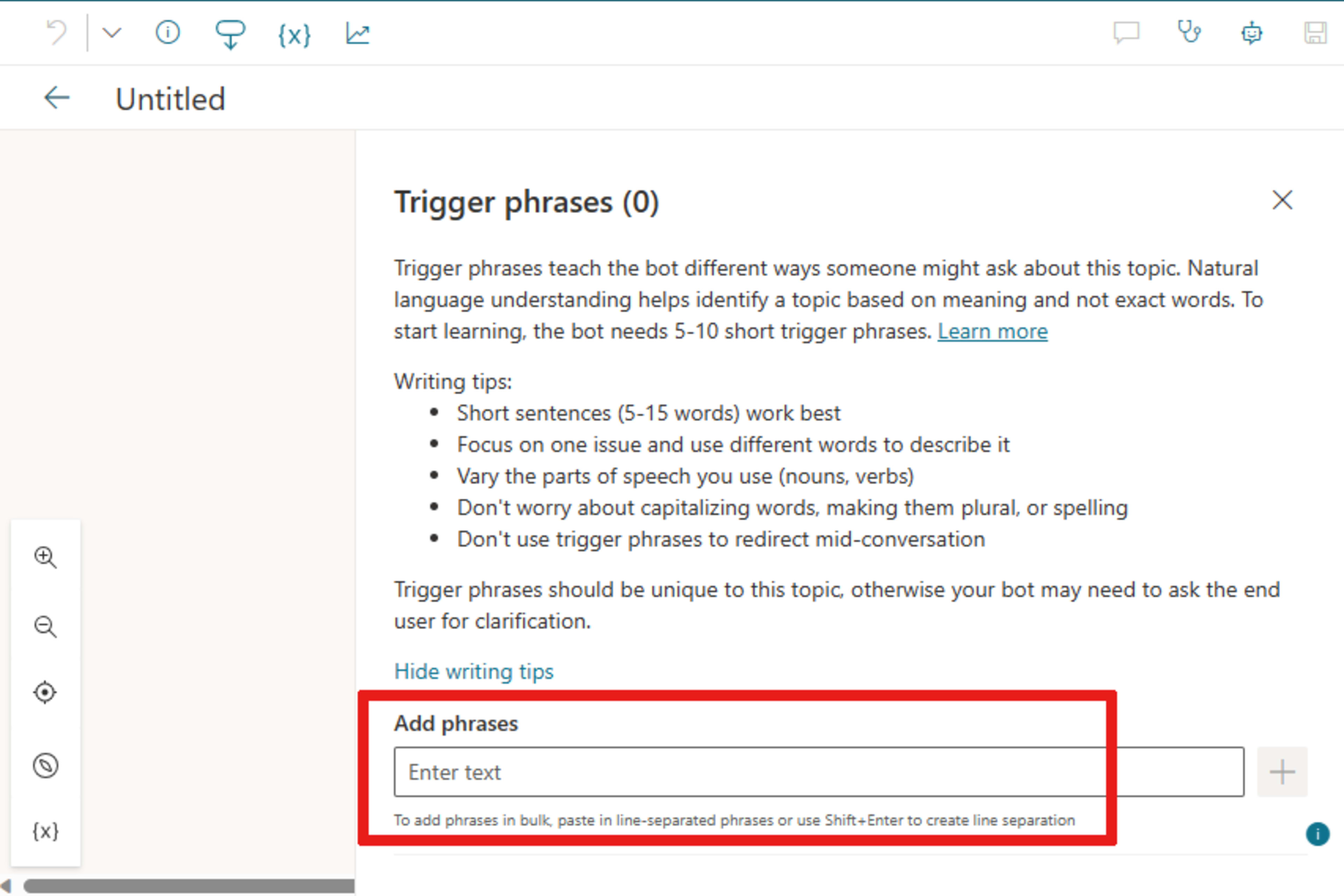 Copilot Studio topic authoring canvas showing trigger phrases for a topic.