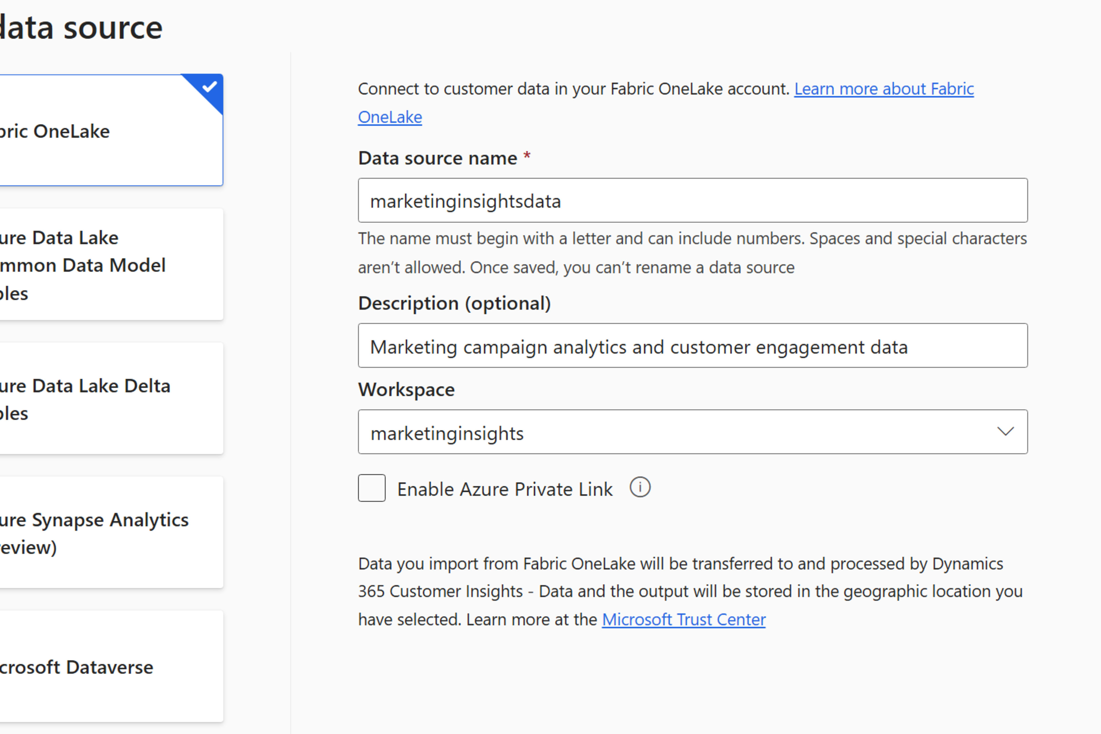 The data sources page in Customer Insights – Data, showing a OneLake data source being added.