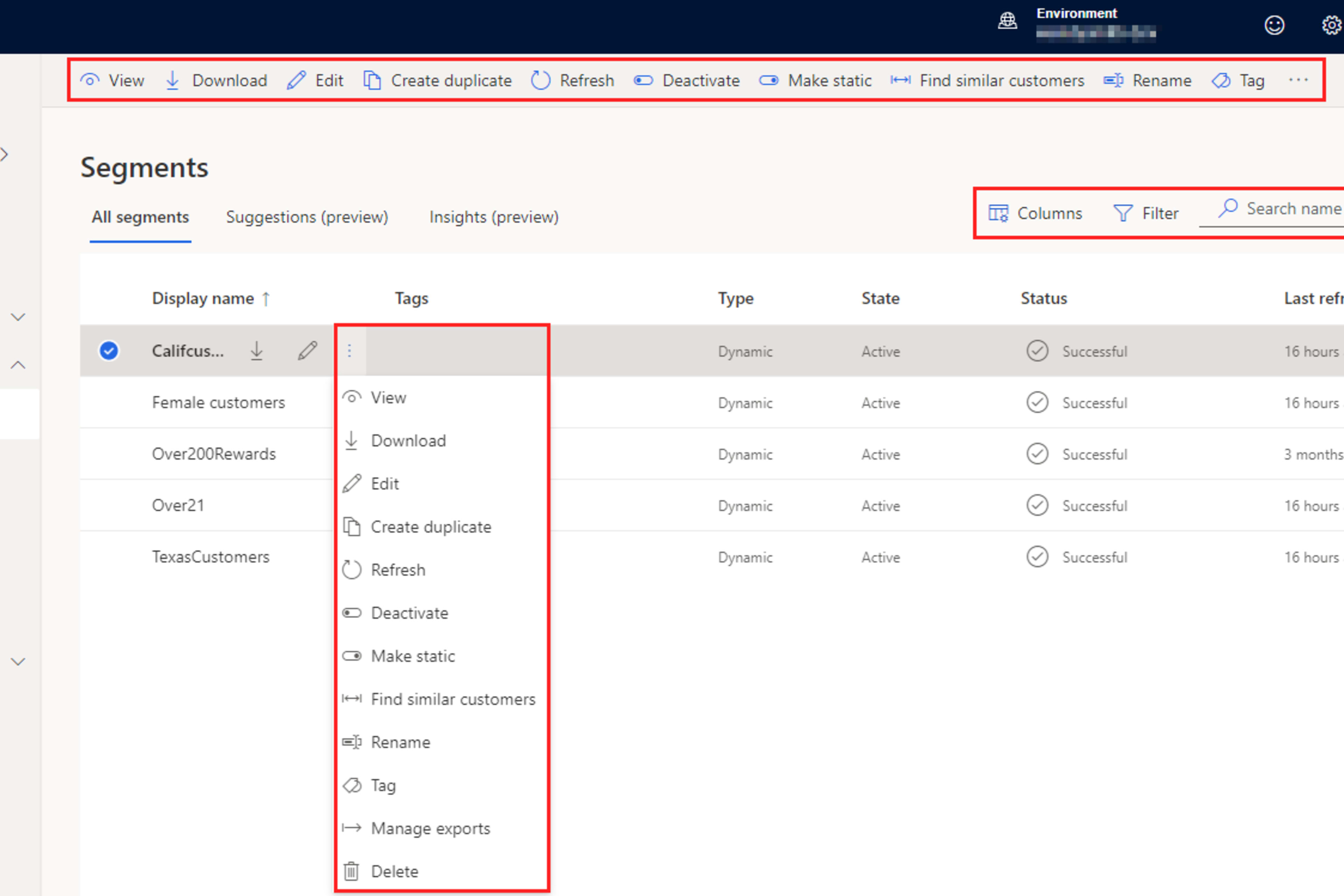A selected customer segment open in Customer Insights – Data, showing its rules and member count.