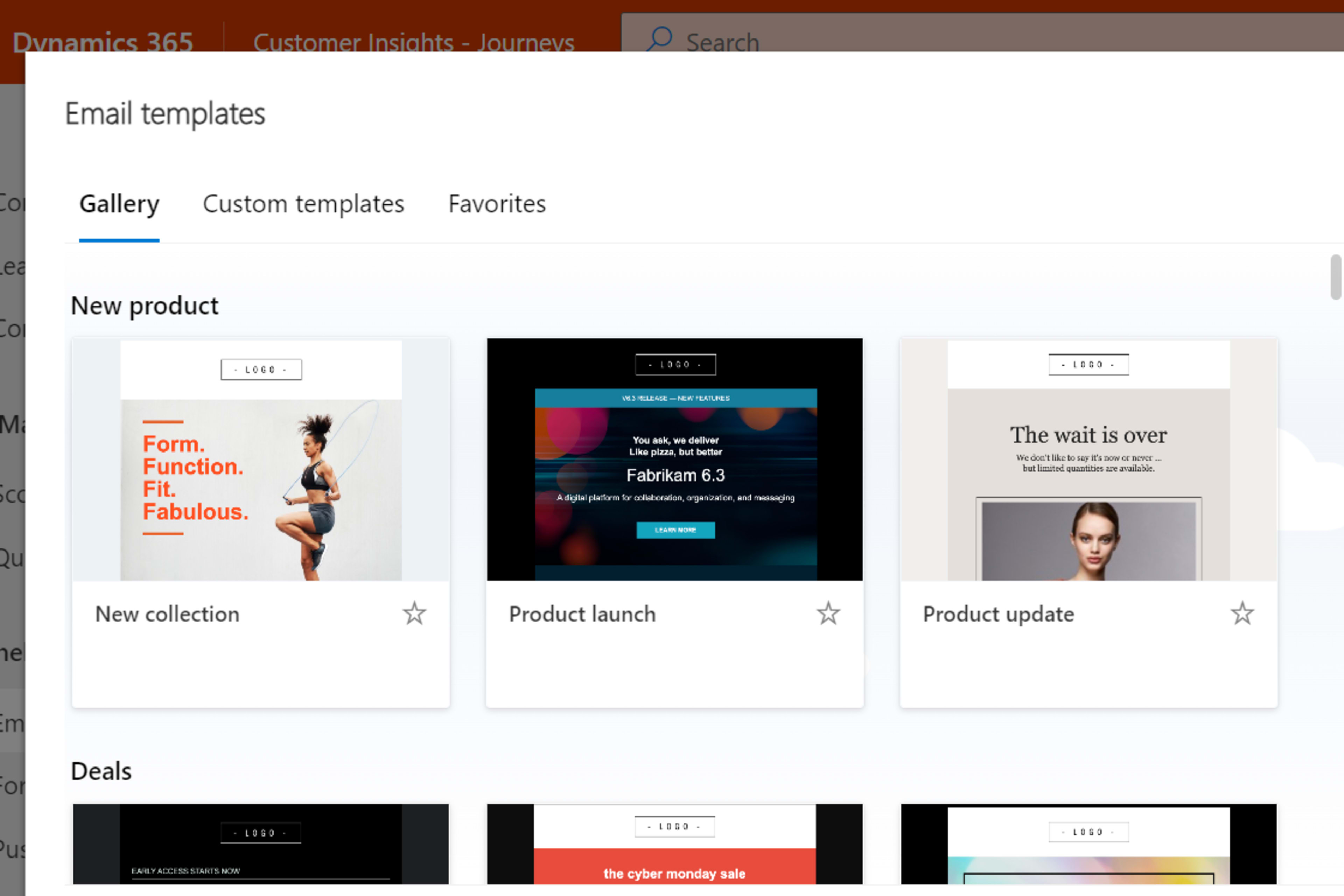 The email template selection dialog in the Customer Insights – Journeys email editor.